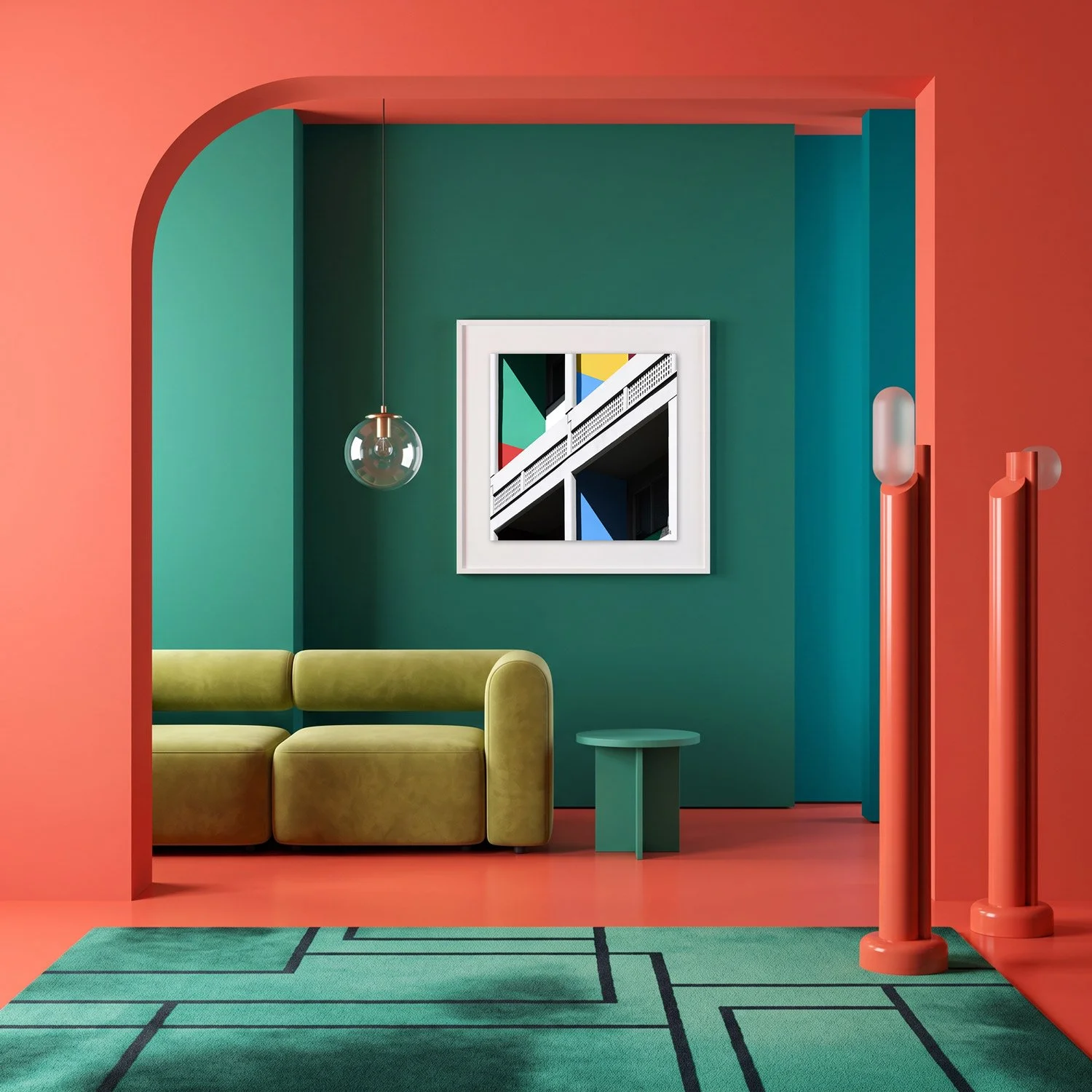 Corbusierhaus Berlin 07 framed photography print in coral and deep teal maximalist interior