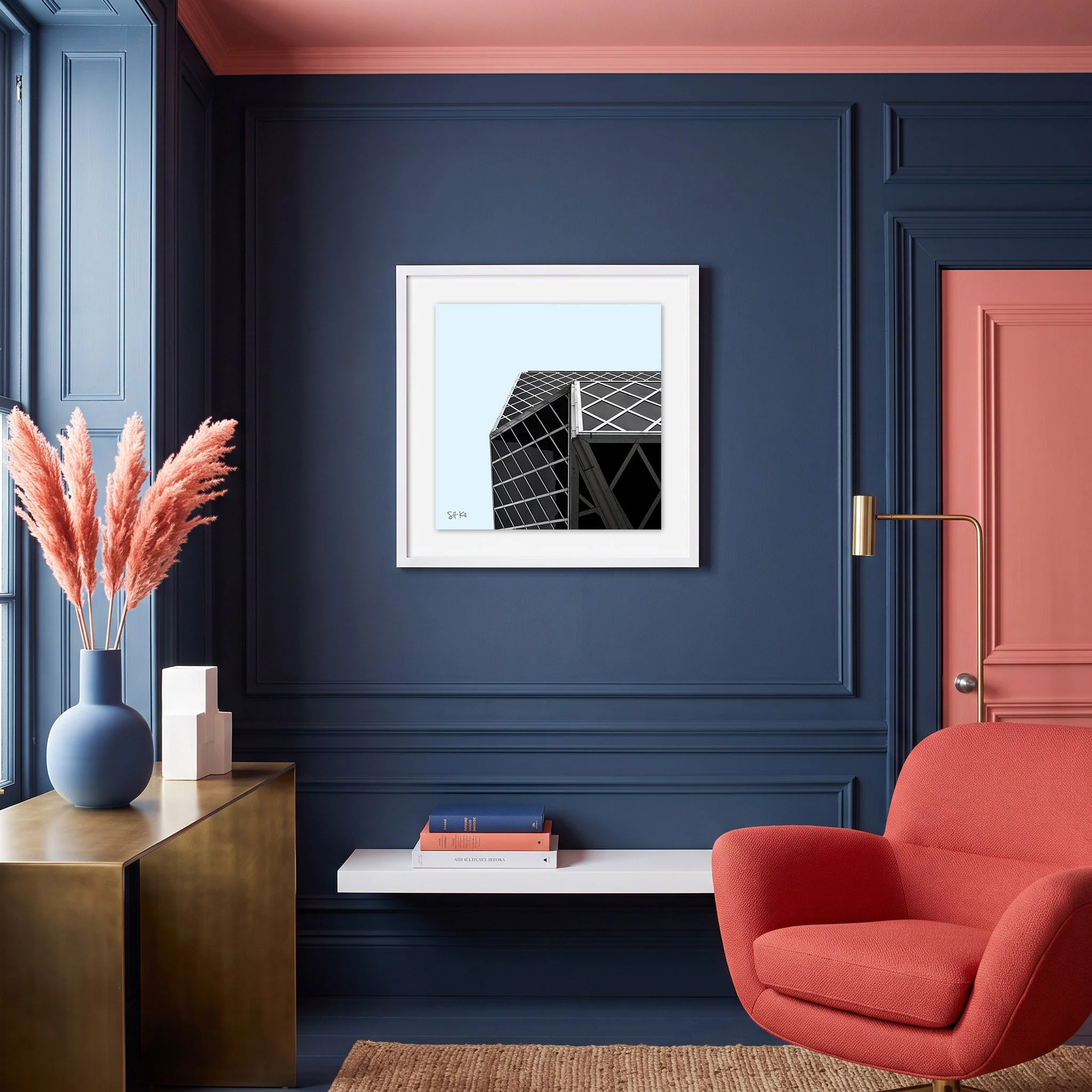 Seattle Public Library 03 framed photography print in navy and coral contemporary classic interior