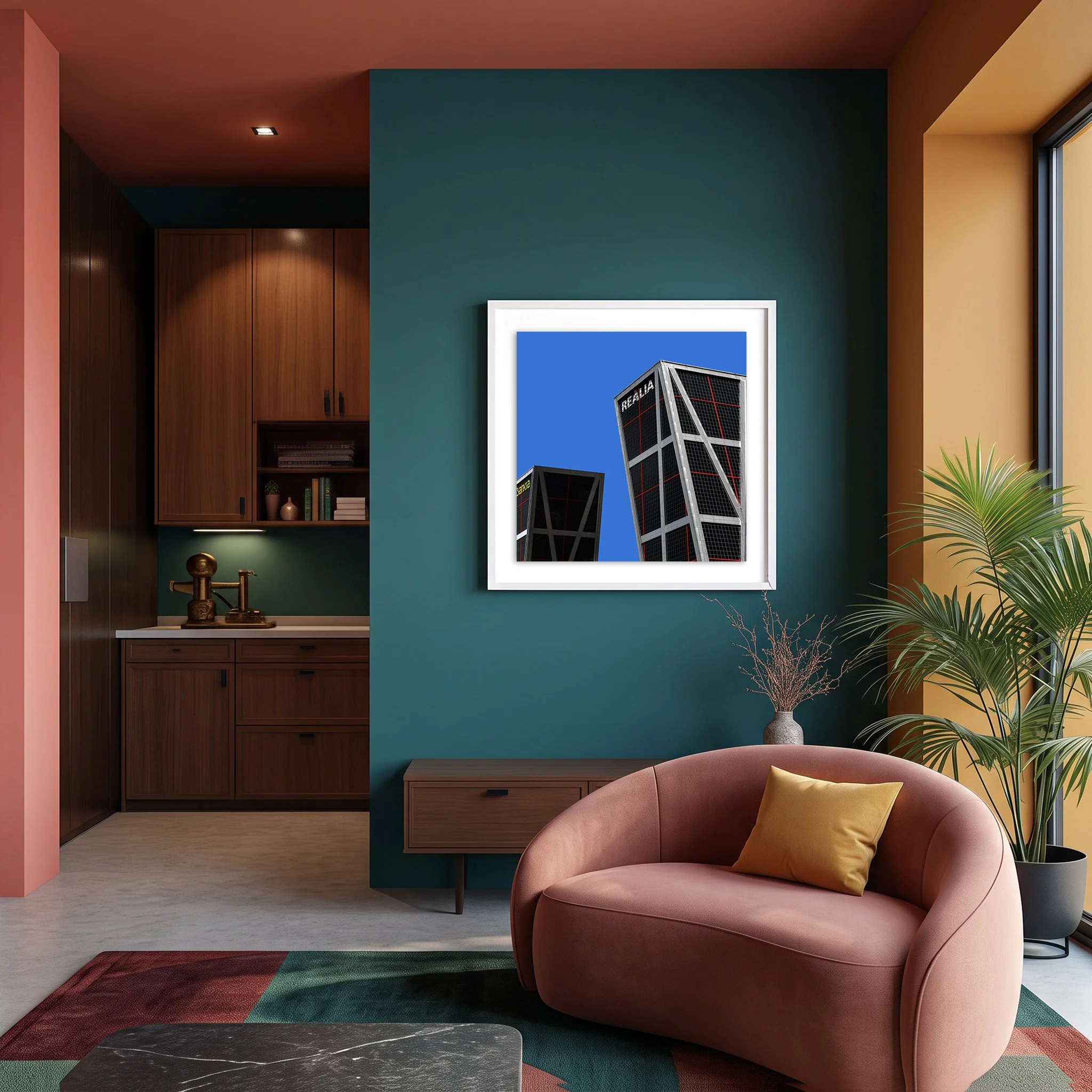 Puerta de Europa 01 framed photography print in teal and terracotta mid-century modern living room