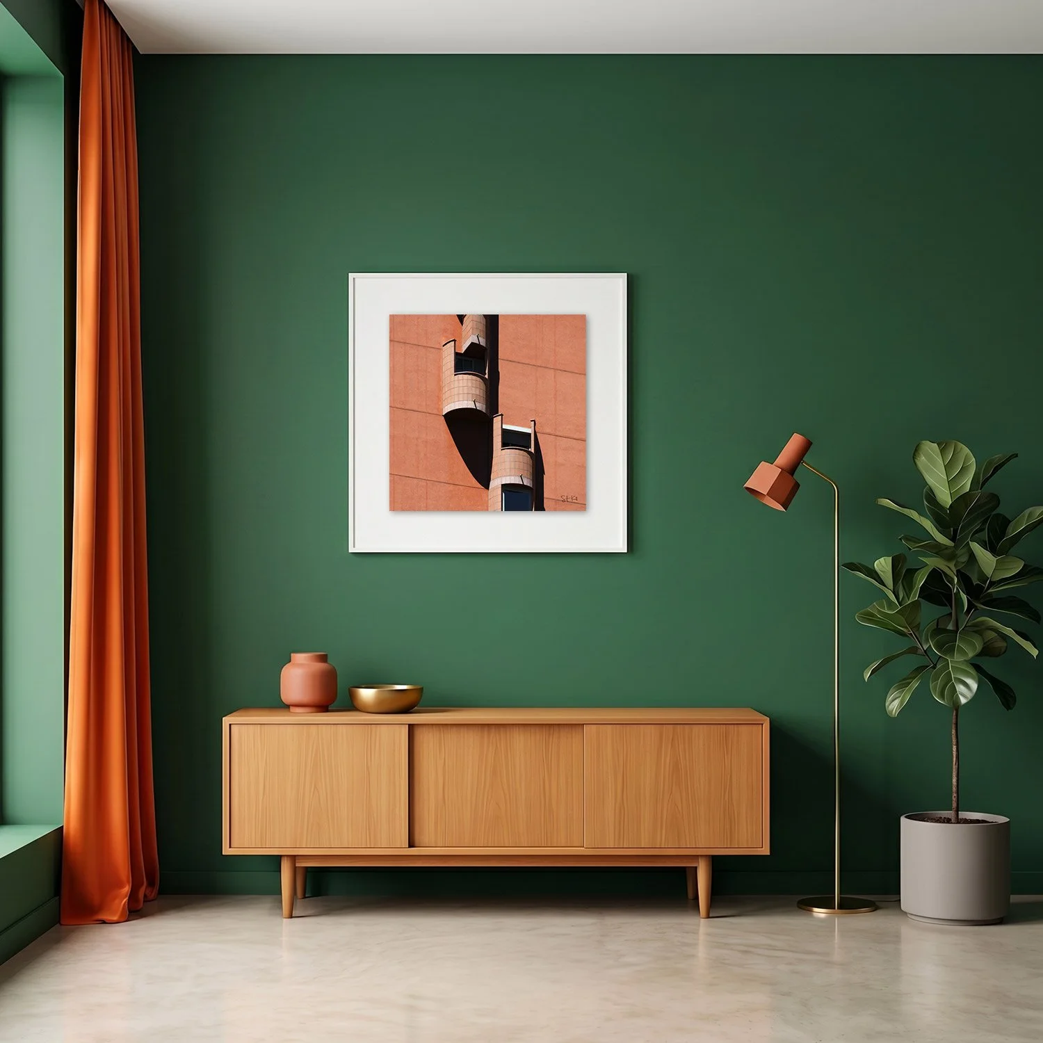 Walden 7 06 framed photography print in deep green and terracotta mid-century interior