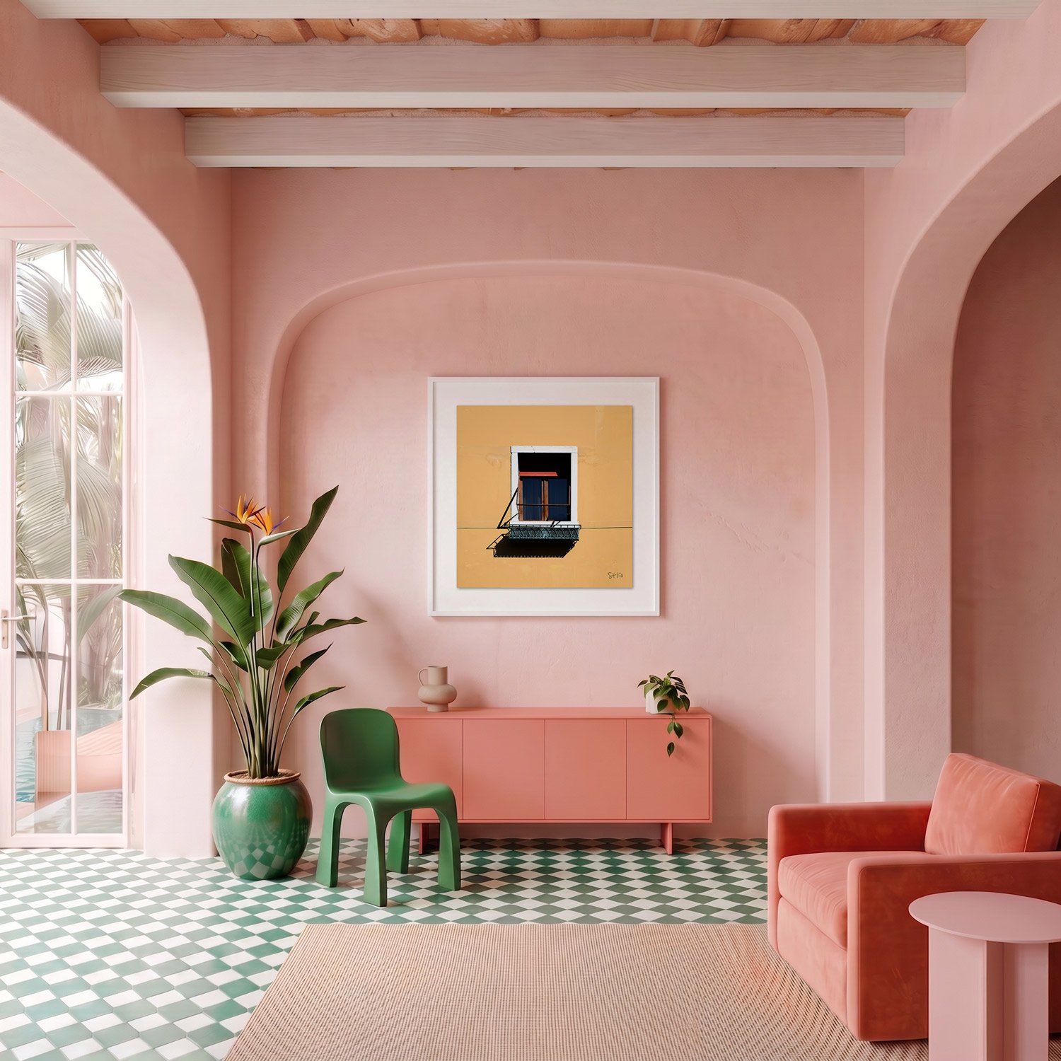 Venice 08 framed photography print in blush pink plaster and coral Mediterranean interior