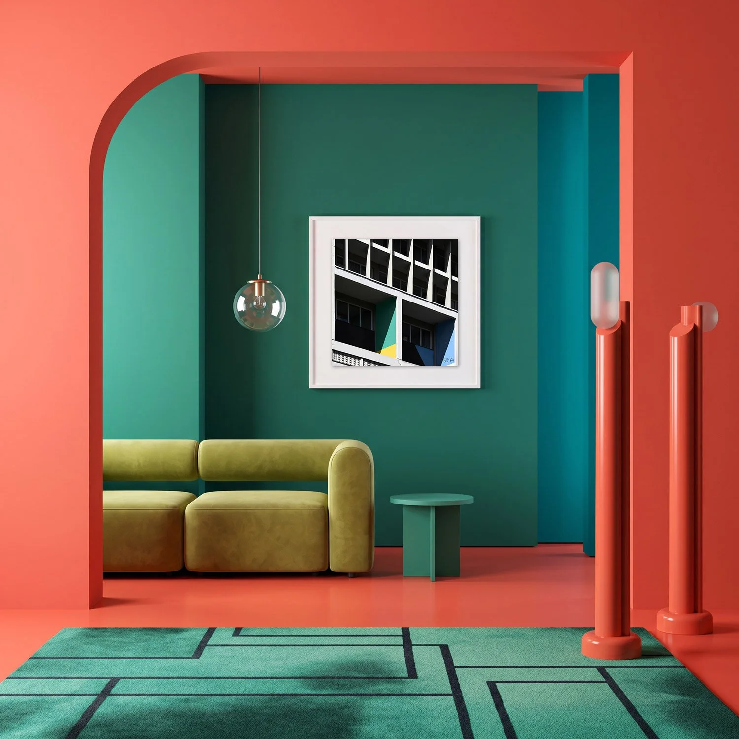 Corbusierhaus Berlin 15 framed photography print in coral and deep teal maximalist interior