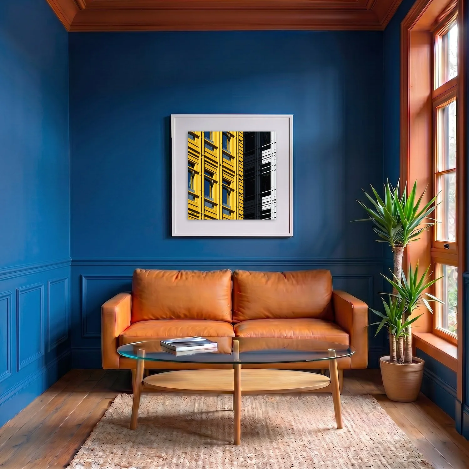 Central Saint Giles 01 framed photography print in deep blue and terracotta classic interior