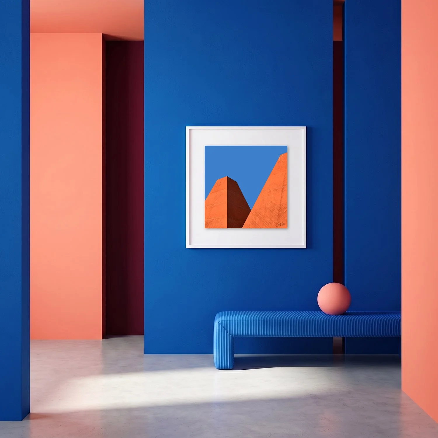 Cascais 01 framed photography print in cobalt blue and coral minimalist interior