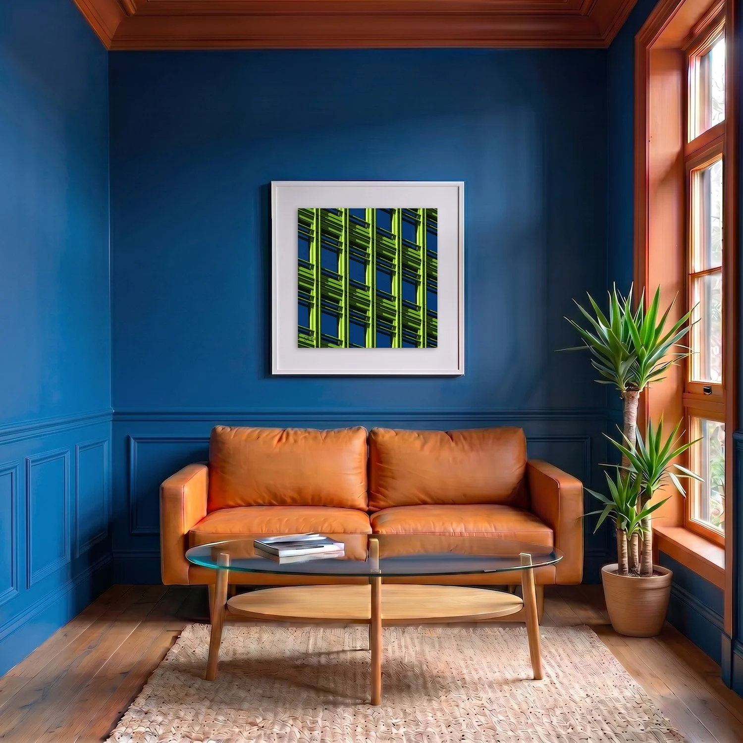 Central Saint Giles 05 framed photography print in deep blue and terracotta classic interior