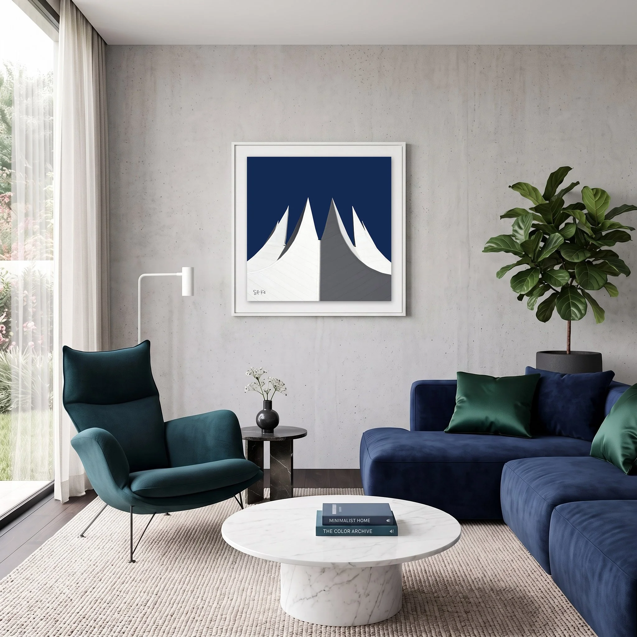 Tempodrom 03 framed photography print in slate blue and burnt orange mid-century living room