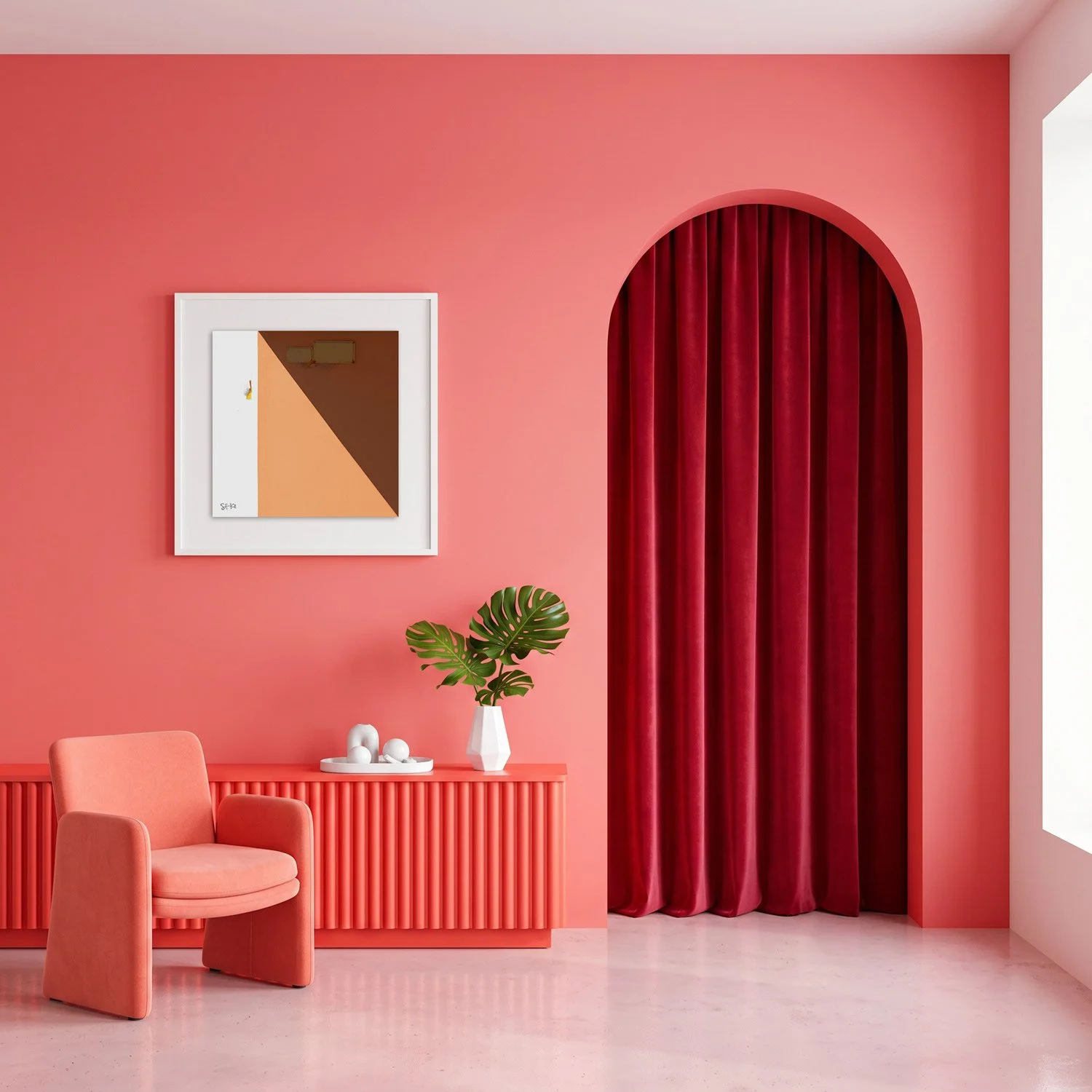 Lisbon 10 framed photography print in warm coral and crimson arched interior