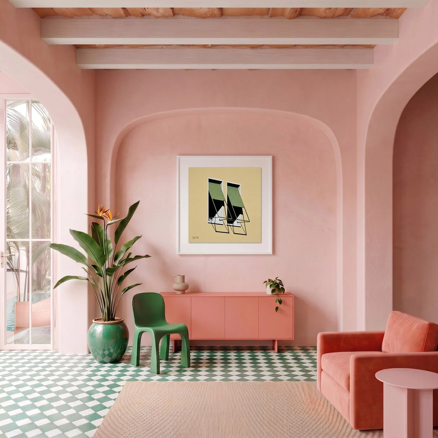 Venice 13 framed photography print in blush pink plaster and coral Mediterranean interior