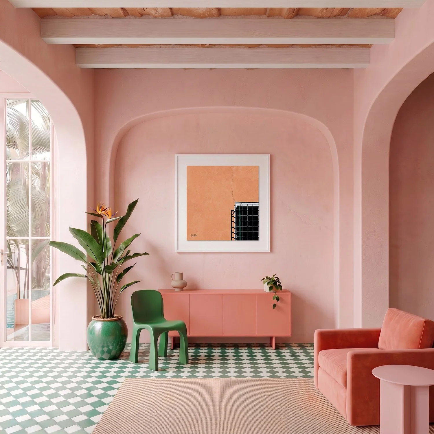 Venice 12 framed photography print in blush pink plaster and coral Mediterranean interior