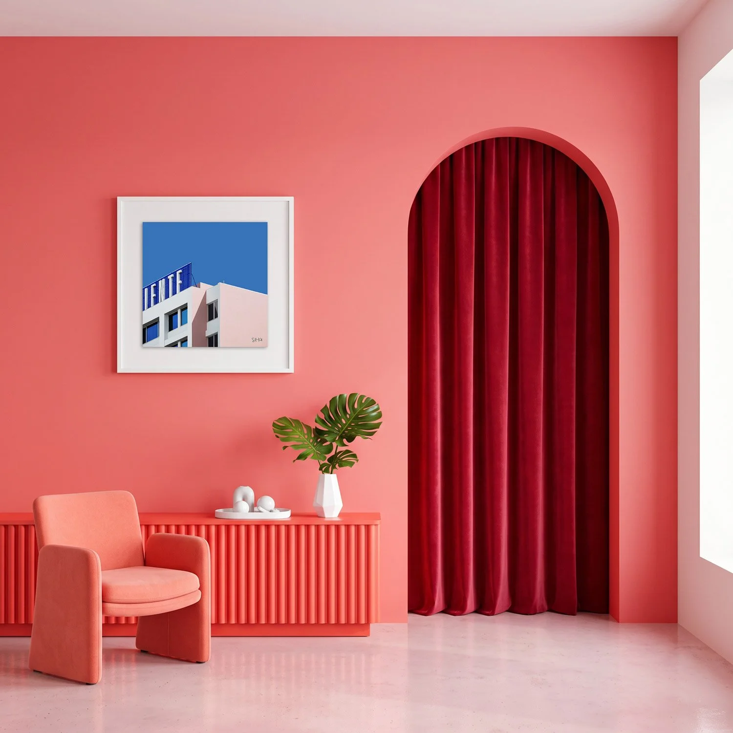 Lisbon 03 framed photography print in warm coral and crimson arched interior