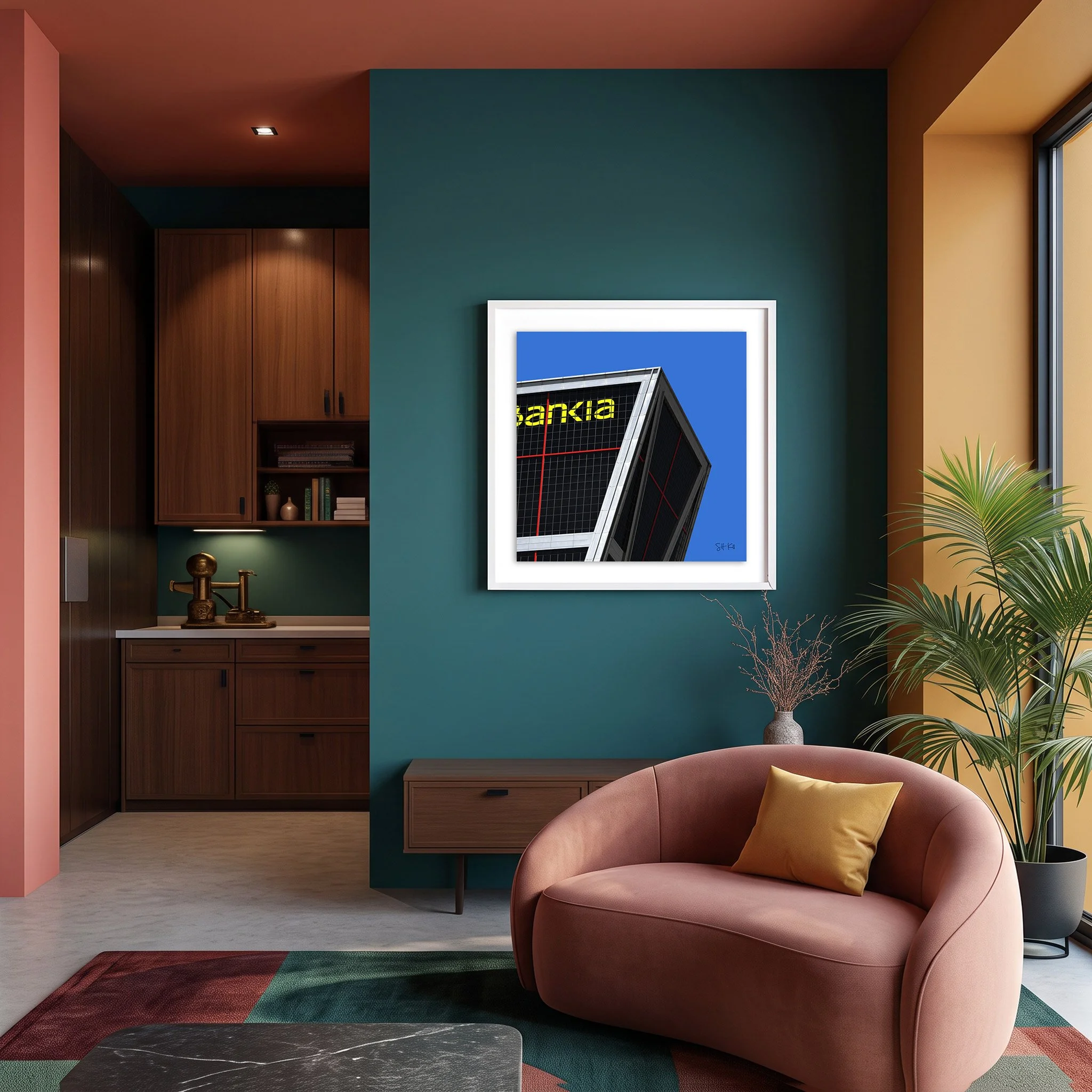 Puerta de Europa 03 framed photography print in teal and terracotta mid-century modern living room