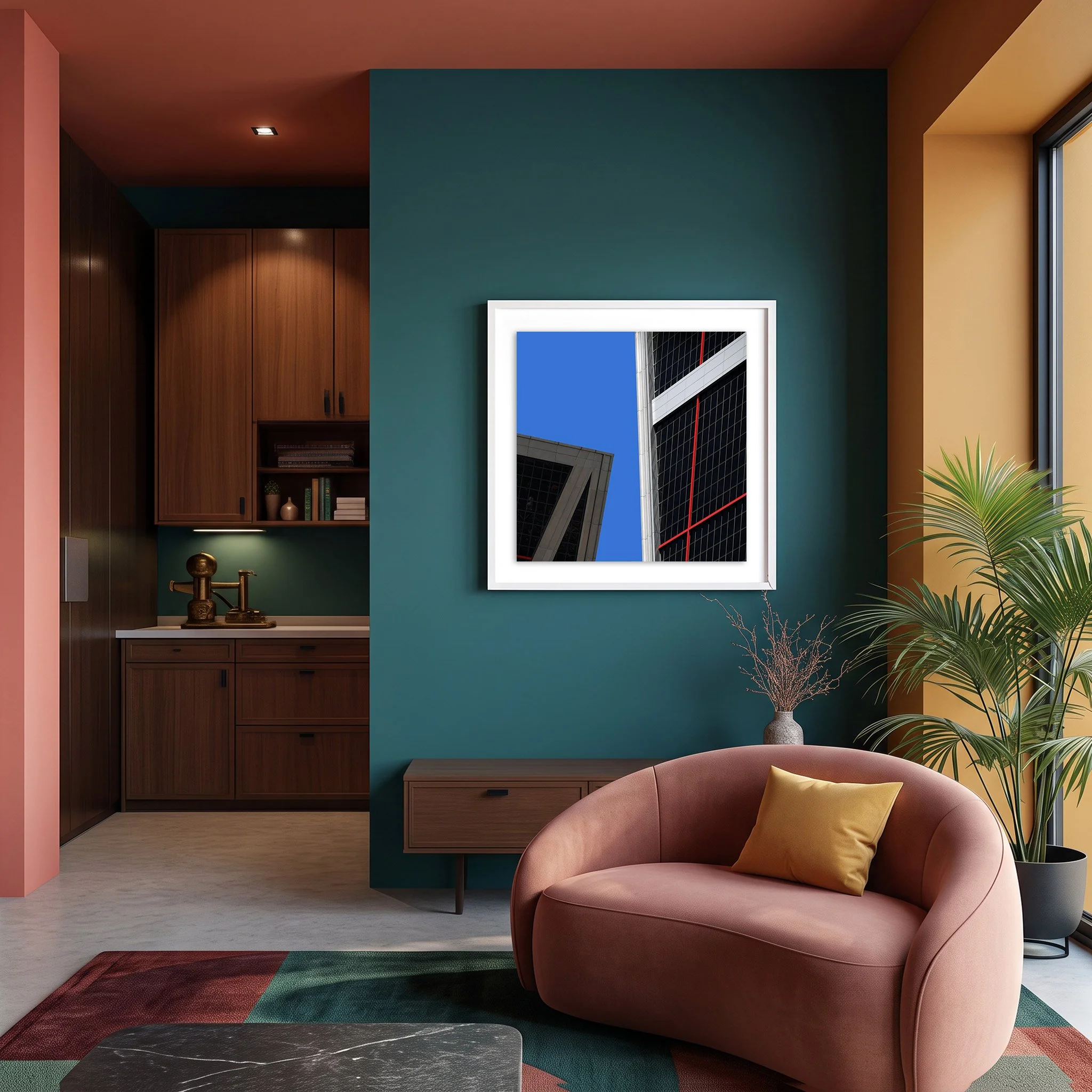 Puerta de Europa 06 framed photography print in teal and terracotta mid-century modern living room
