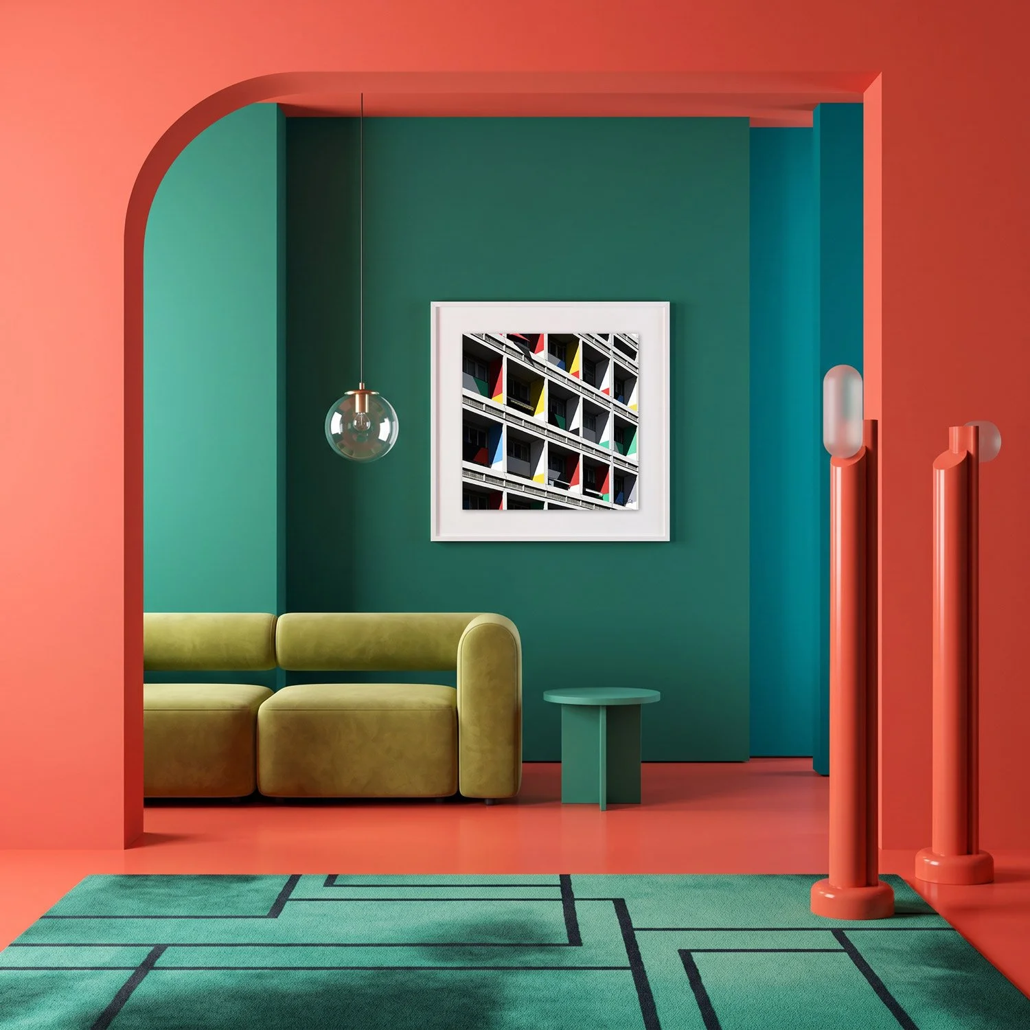 Corbusierhaus Berlin 01 framed photography print in coral and deep teal maximalist interior