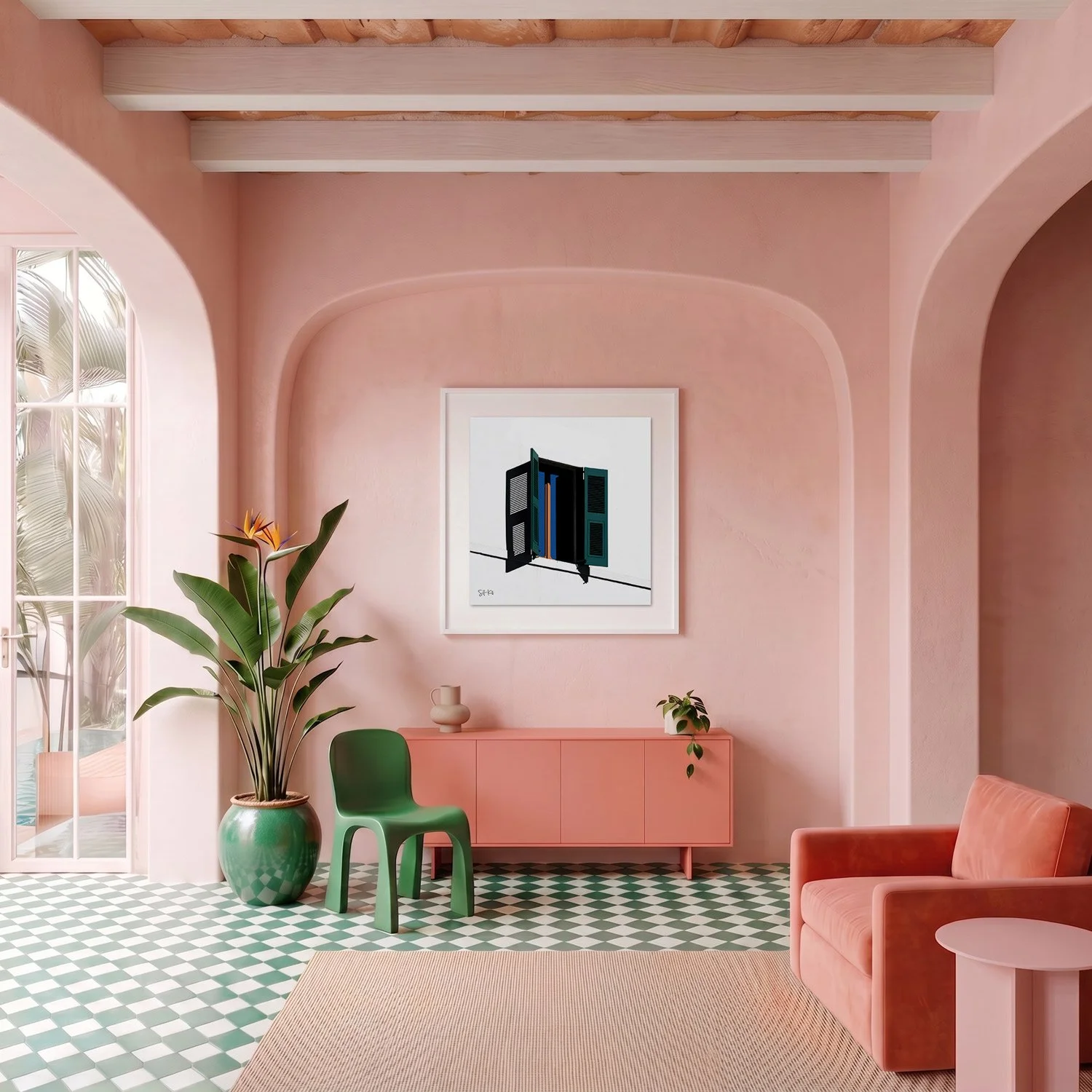 Venice 01 framed photography print in blush pink plaster and coral Mediterranean interior