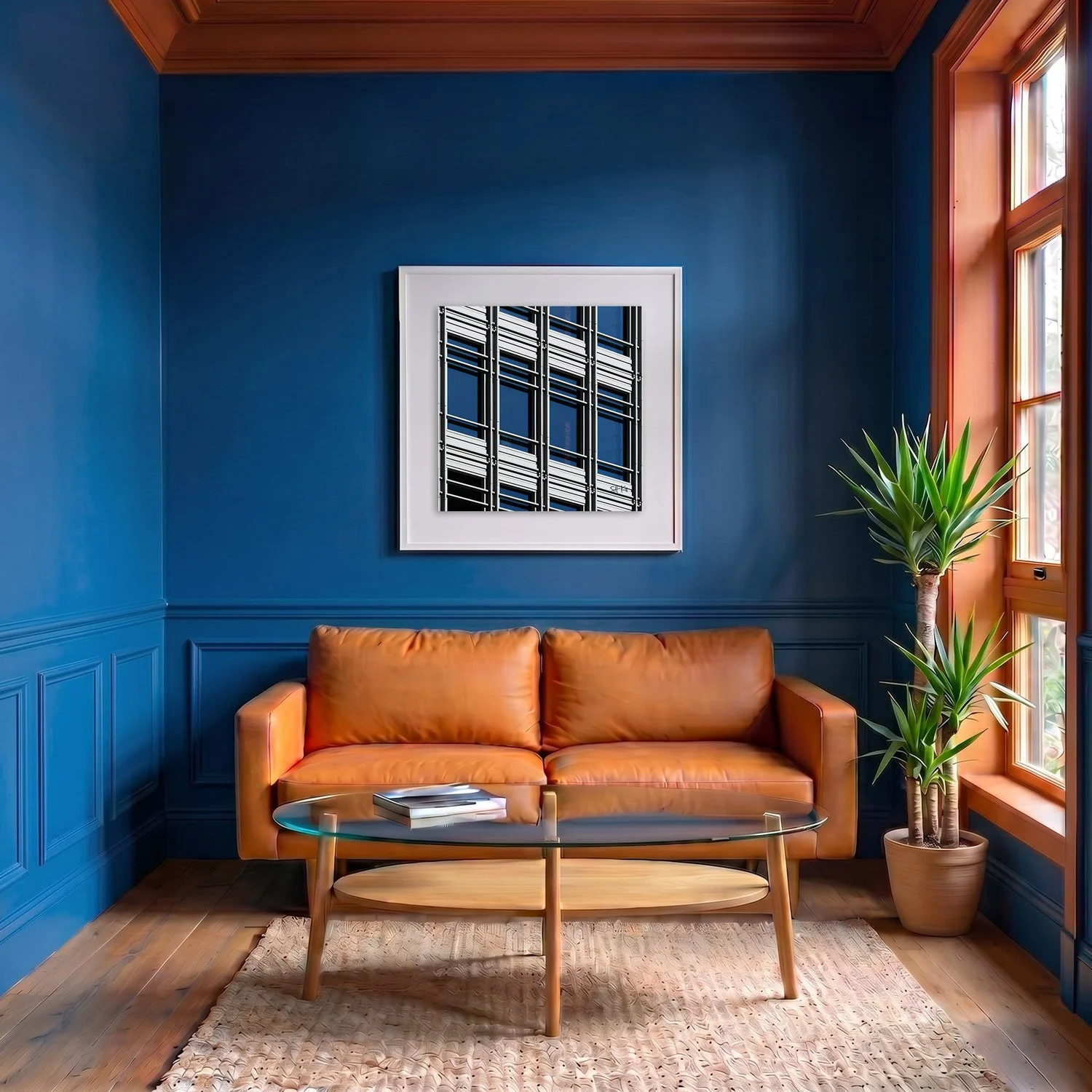 Central Saint Giles 17 framed photography print in deep blue and terracotta classic interior