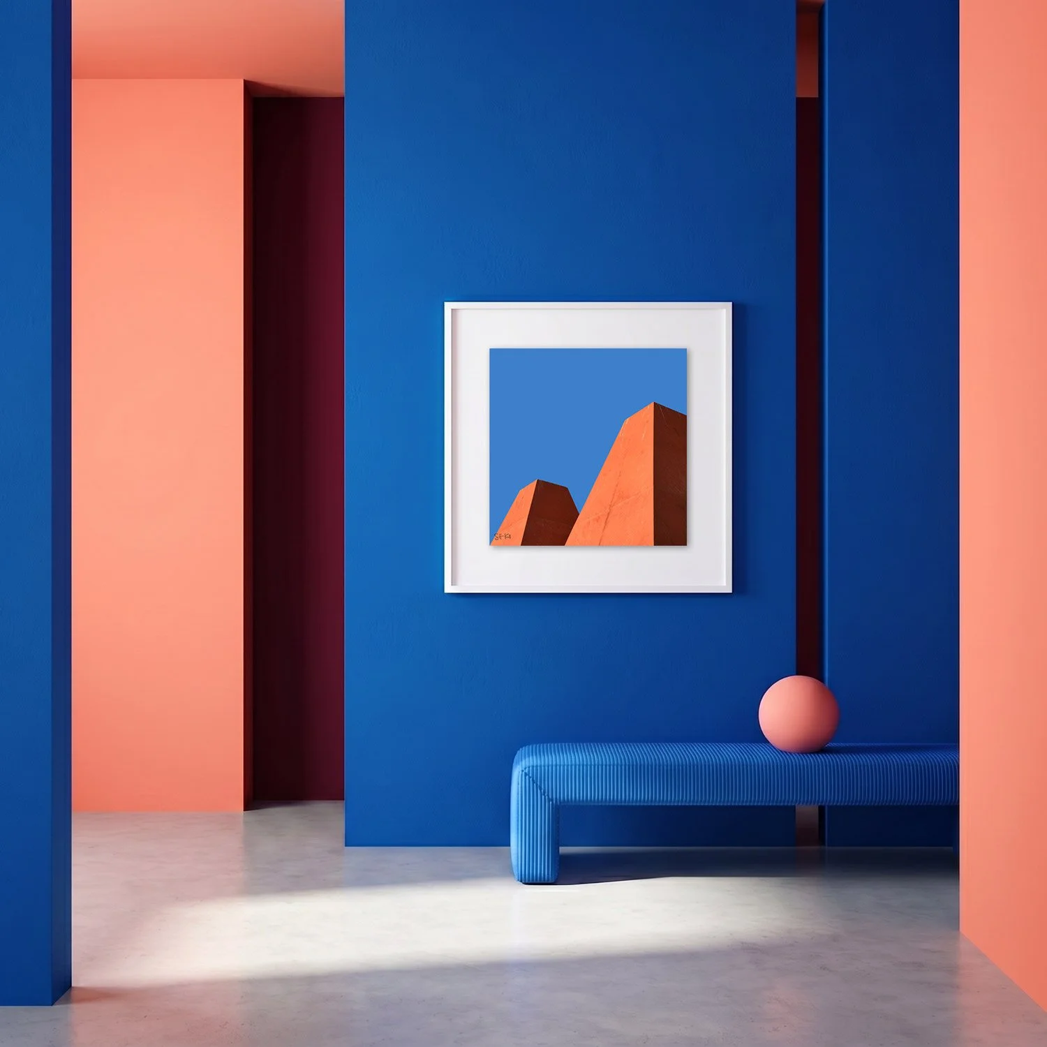 Cascais 07 framed photography print in cobalt blue and coral minimalist interior