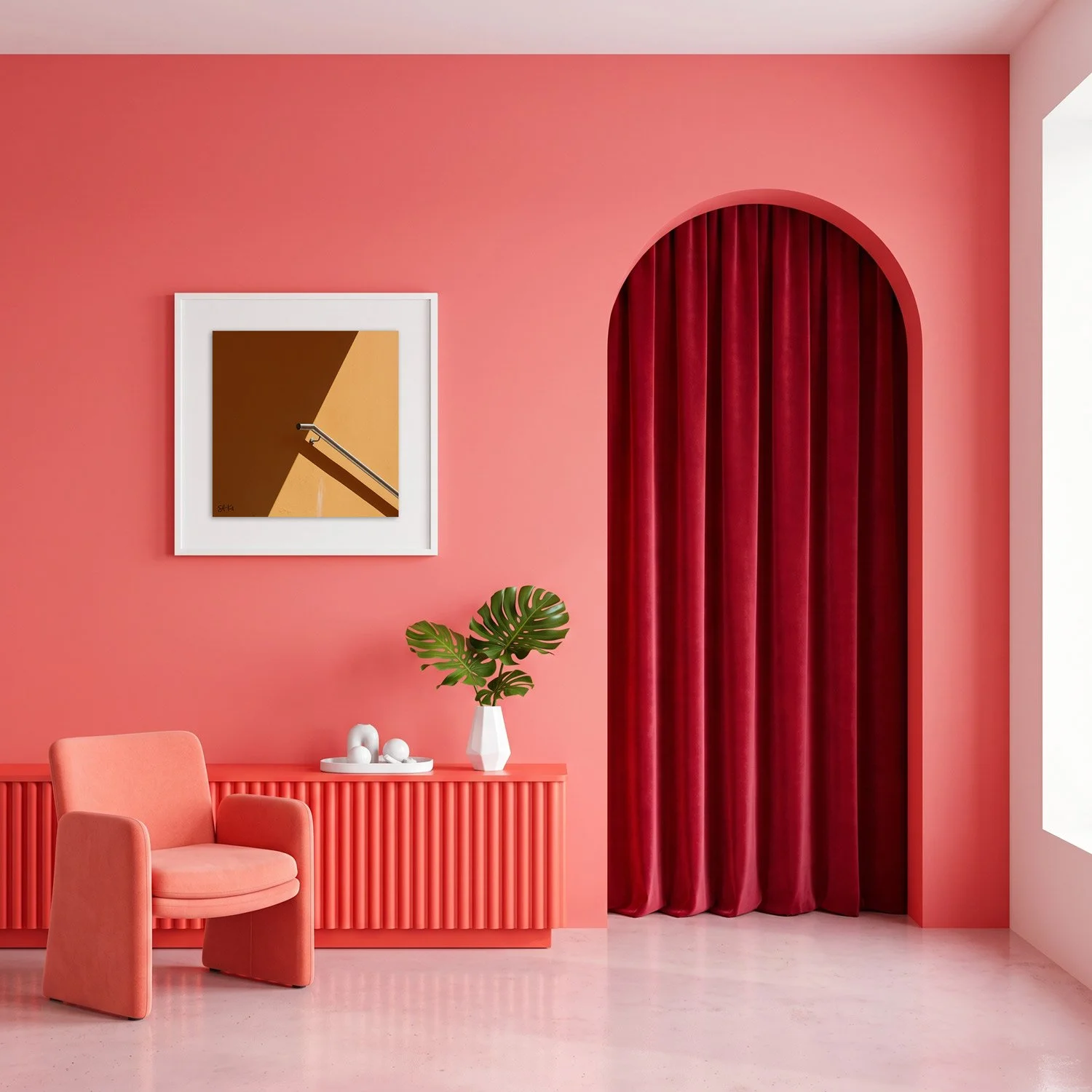 Lisbon 02 framed photography print in warm coral and crimson arched interior