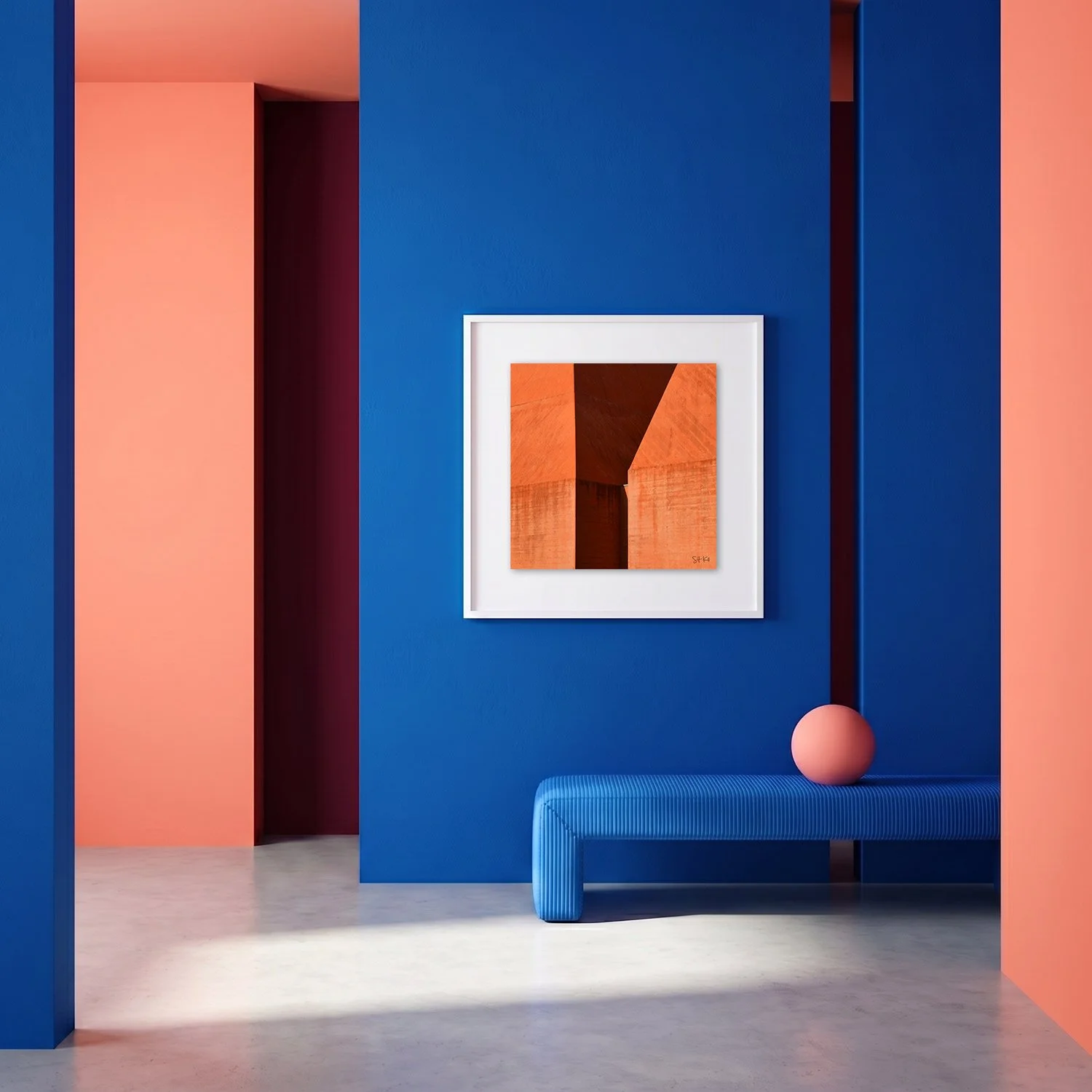 Cascais 06 framed photography print in cobalt blue and coral minimalist interior