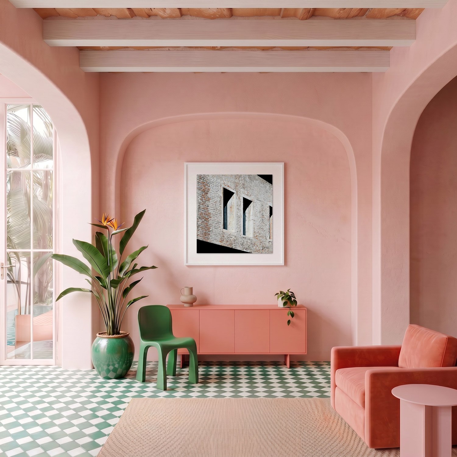 Venice 11 framed photography print in blush pink plaster and coral Mediterranean interior