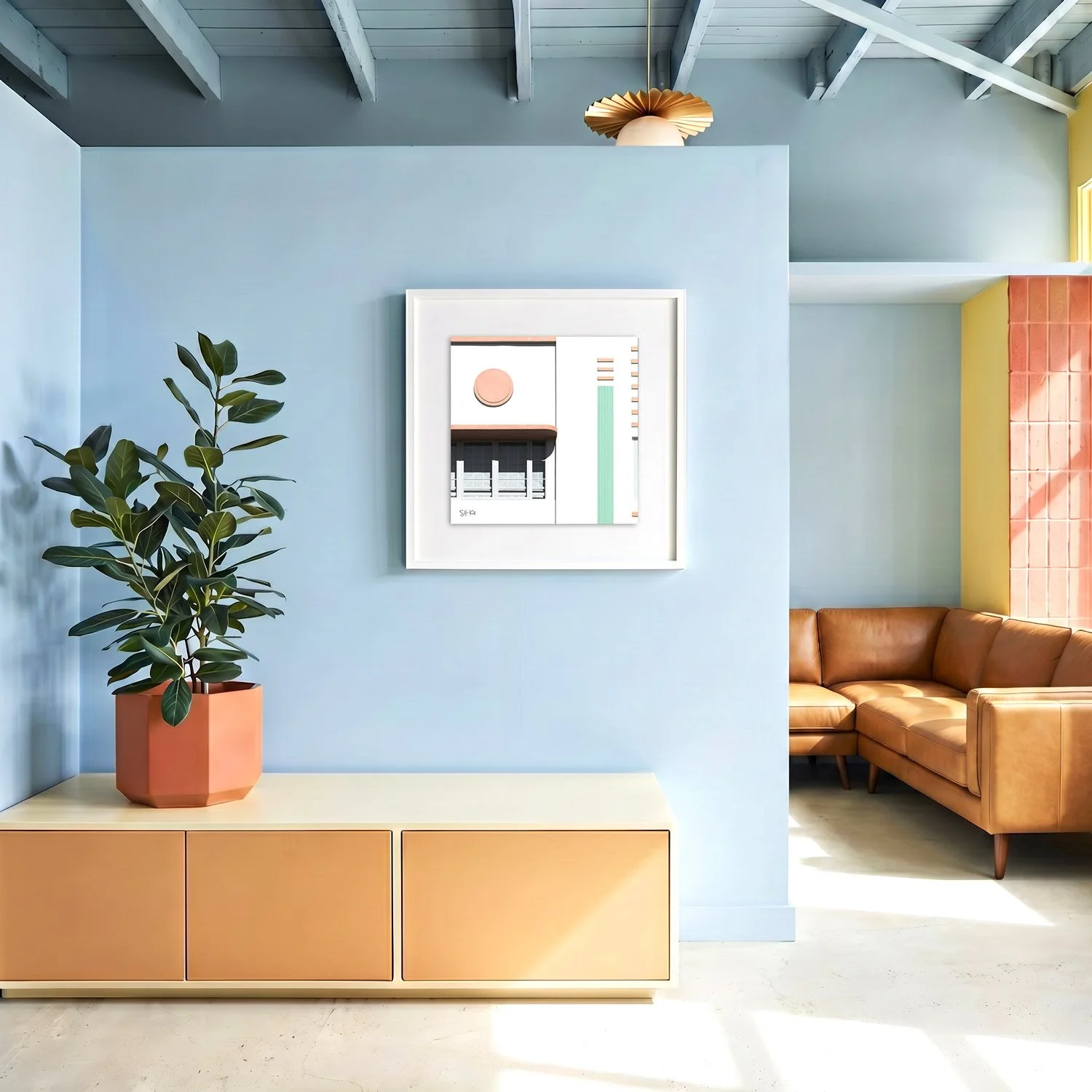 Miami Beach 07 framed photography print in sky blue and caramel coastal interior