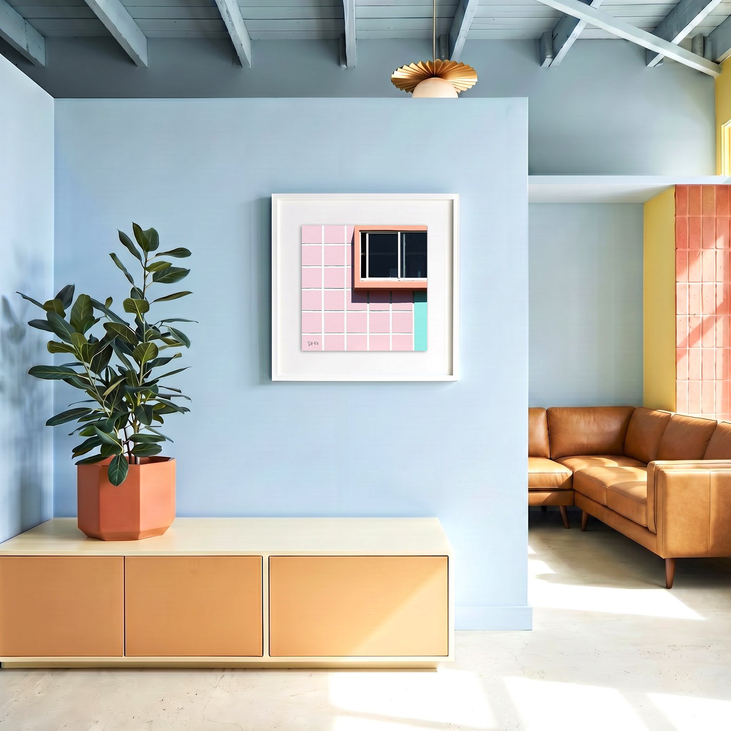 Miami Beach 02 framed photography print in sky blue and caramel coastal interior