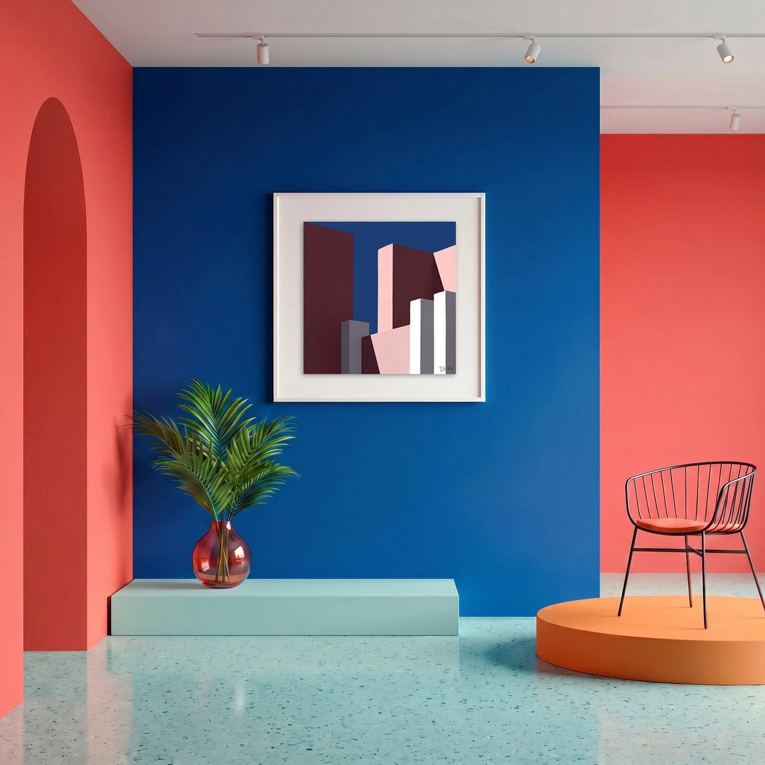Muralla Roja 08 framed photography print in bold cobalt blue and coral gallery interior