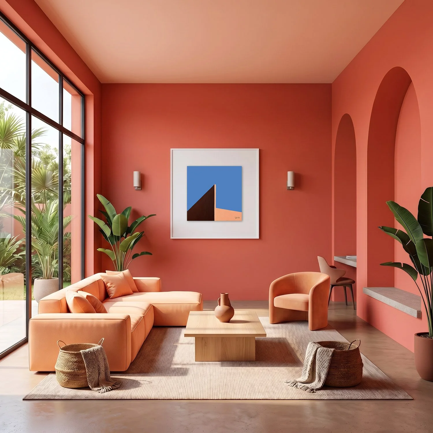 Marrakech Medina 14 framed photography print in warm terracotta and peach interior