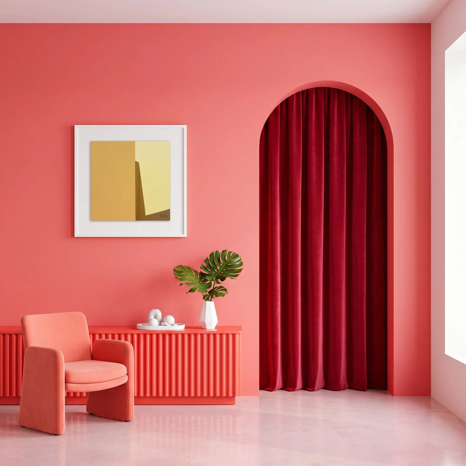 Lisbon 06 framed photography print in warm coral and crimson arched interior