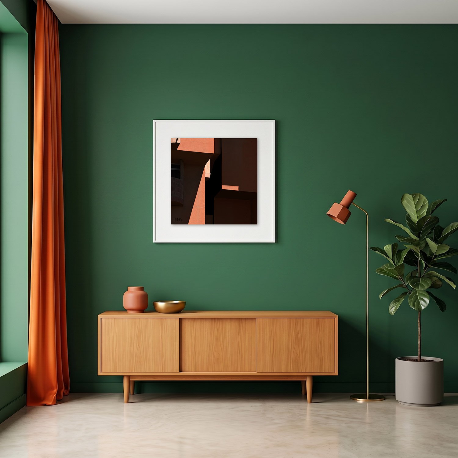 Walden 7 04 framed photography print in deep green and terracotta mid-century interior