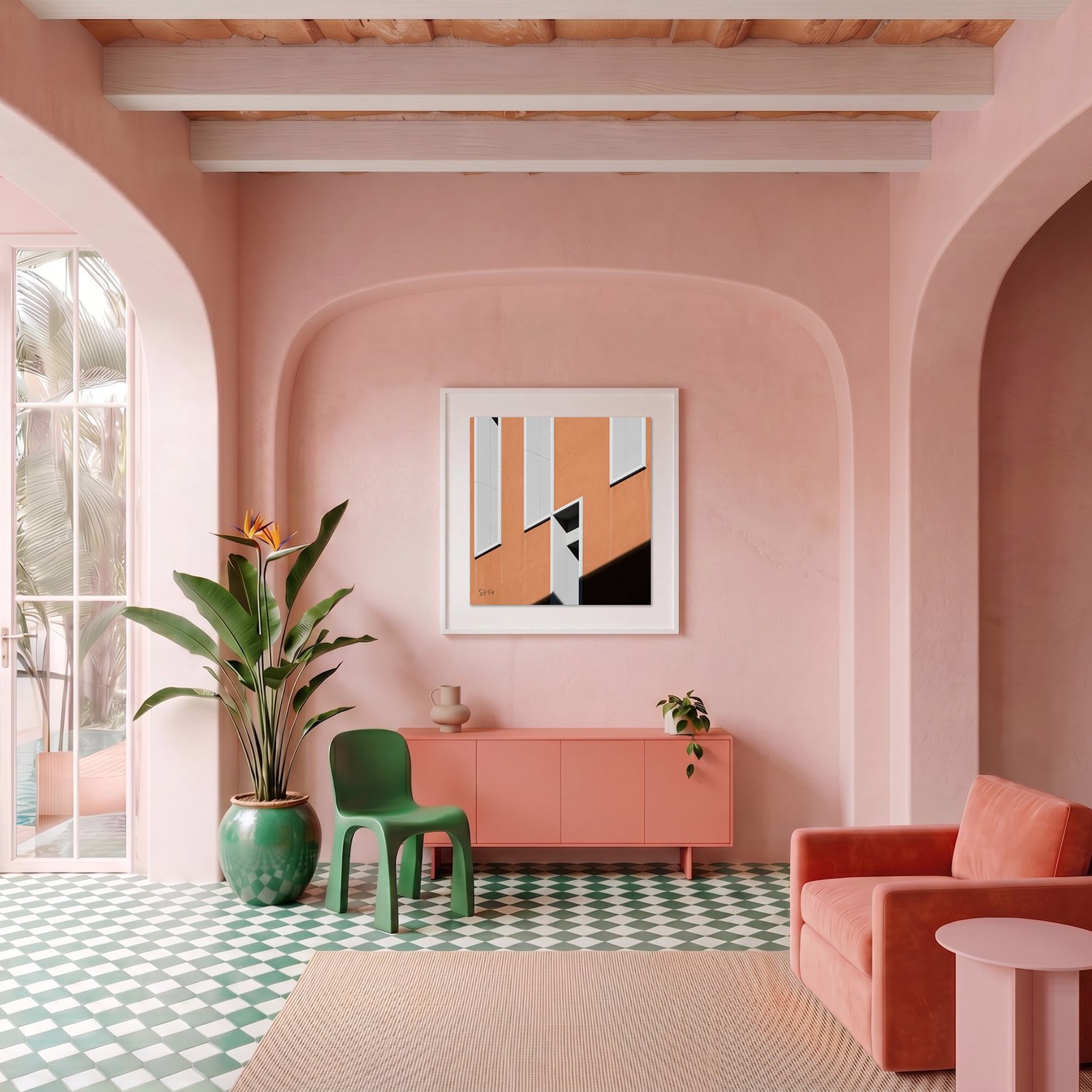 Venice 03 framed photography print in blush pink plaster and coral Mediterranean interior