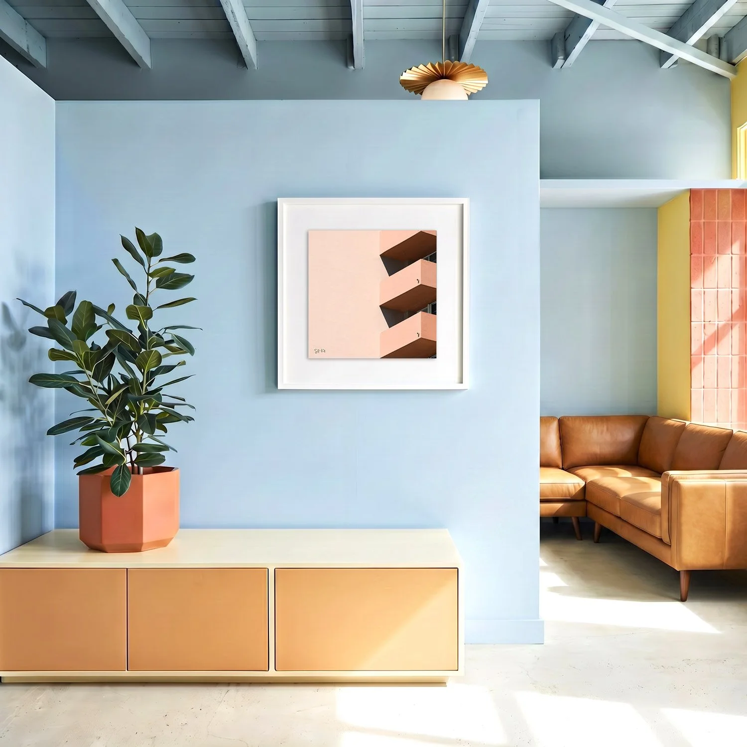 Miami Beach 13 framed photography print in sky blue and caramel coastal interior