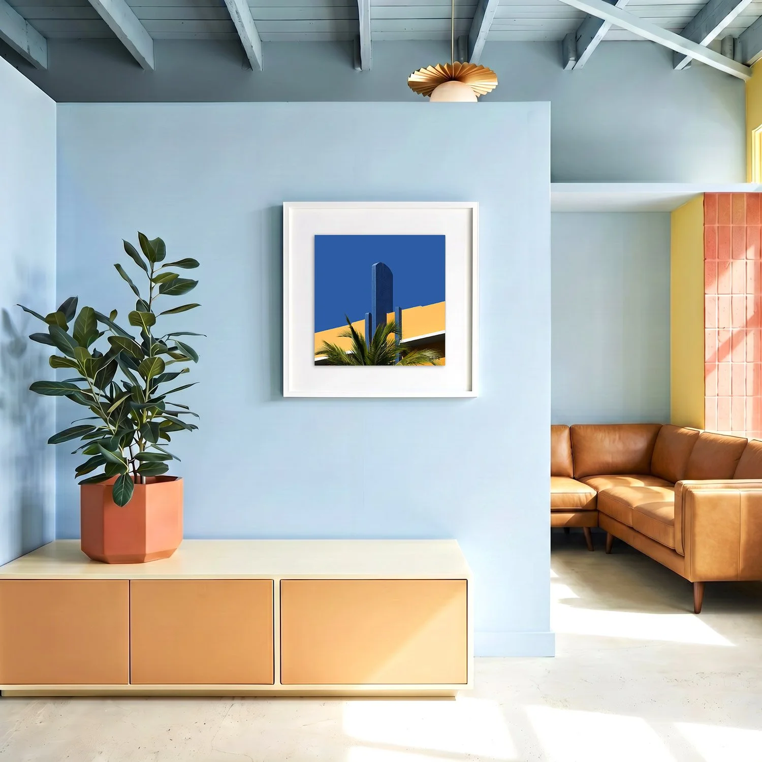 Miami Beach 04 framed photography print in sky blue and caramel coastal interior