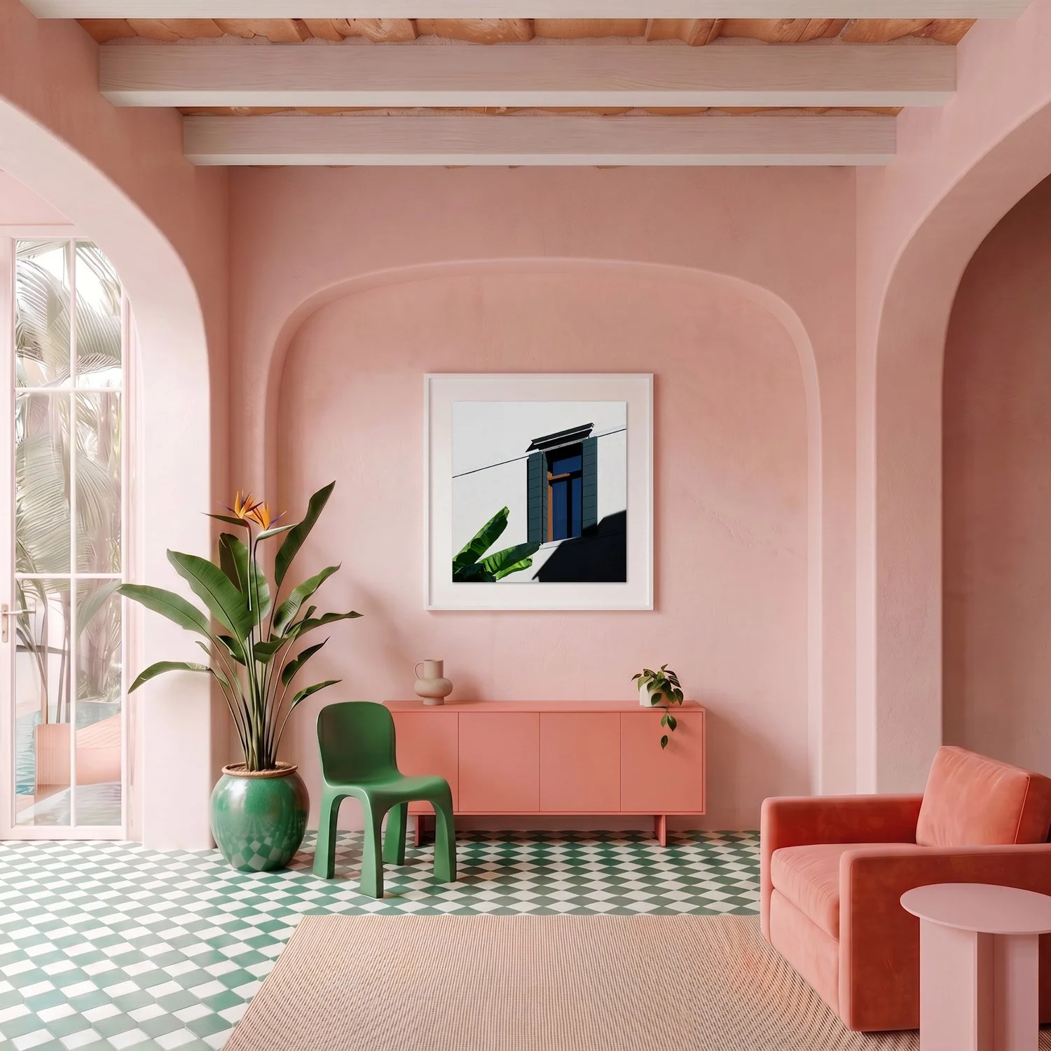 Venice 07 framed photography print in blush pink plaster and coral Mediterranean interior