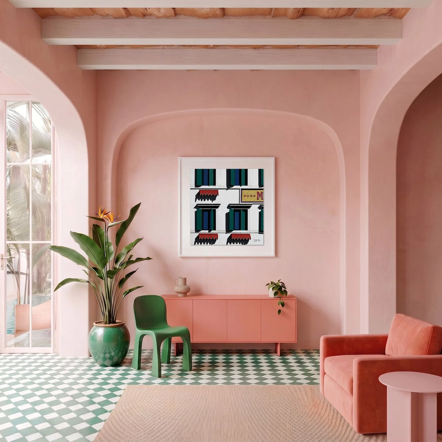 Venice 18 framed photography print in blush pink plaster and coral Mediterranean interior