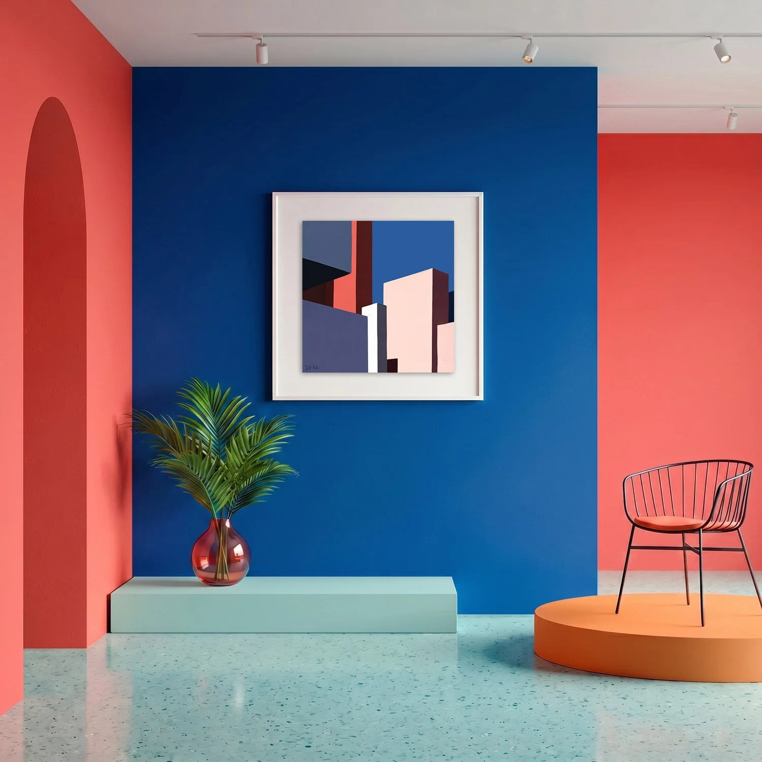 Muralla Roja 04 framed photography print in bold cobalt blue and coral gallery interior