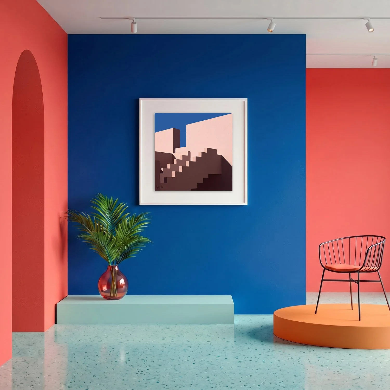 Muralla Roja 26 framed photography print in bold cobalt blue and coral gallery interior