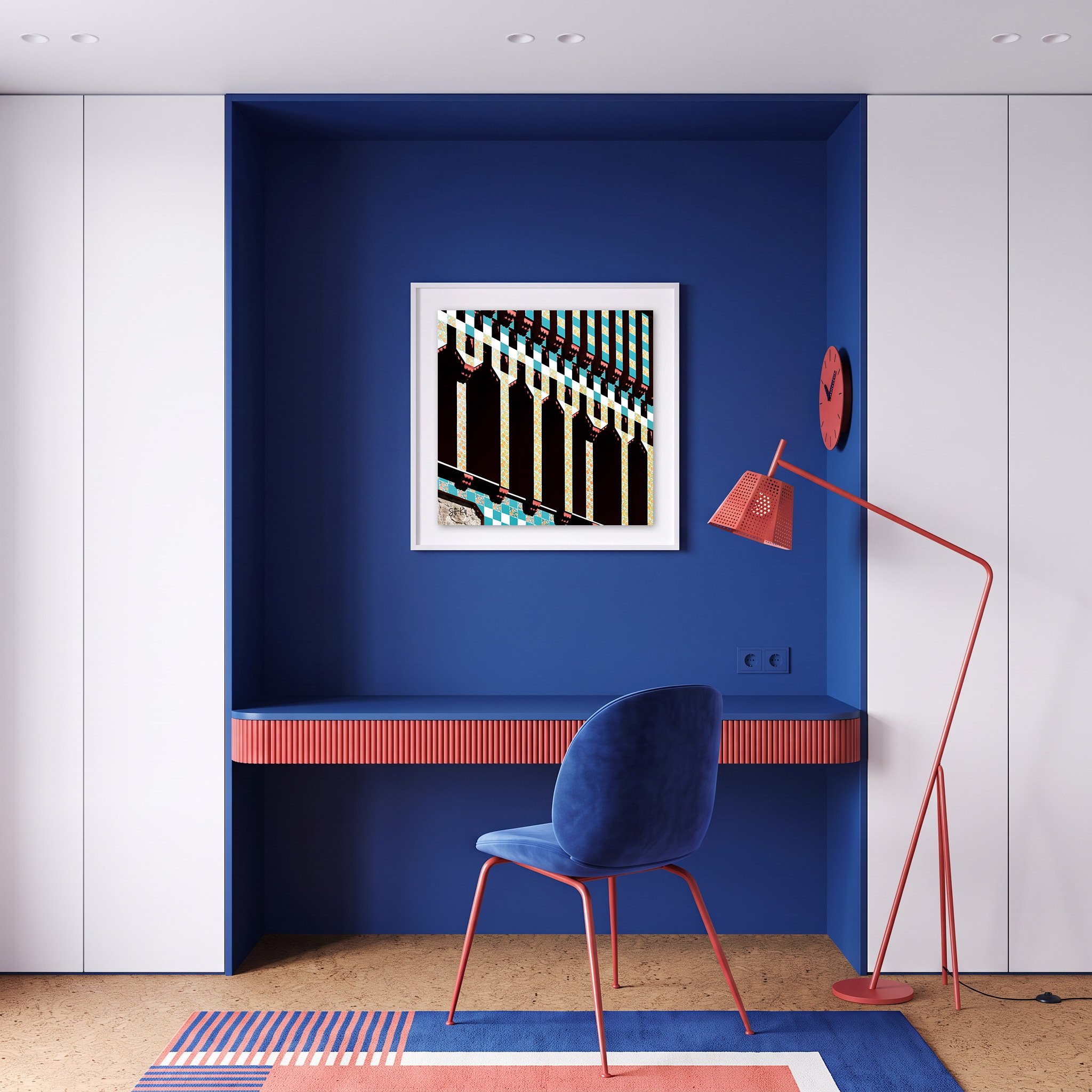 Casa Vicens 01 framed photography print in bold blue and coral modern study