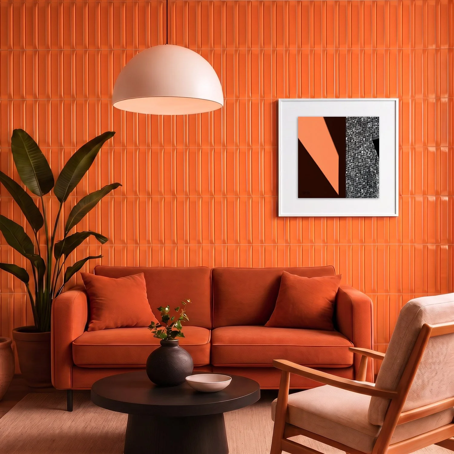 Mirador 04 framed photography print in bold orange tile and rust velvet interior