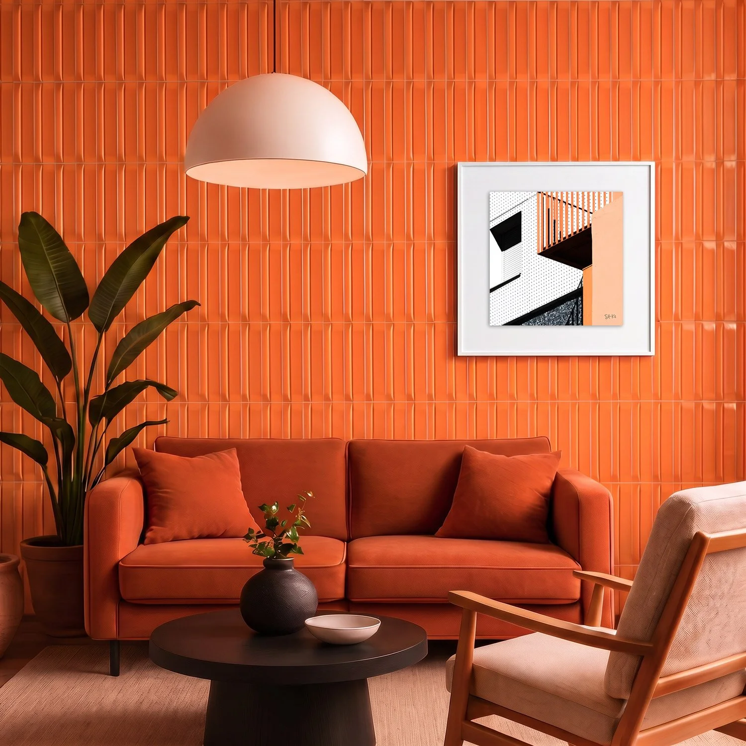 Mirador 03 framed photography print in bold orange tile and rust velvet interior