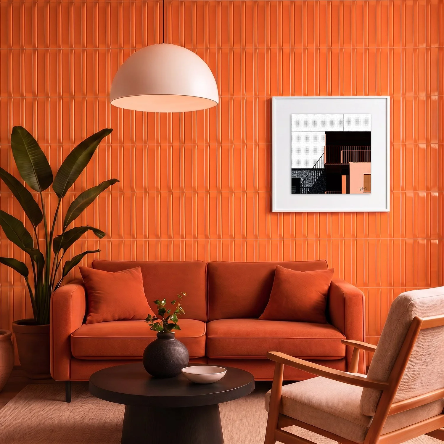 Mirador 11 framed photography print in bold orange tile and rust velvet interior