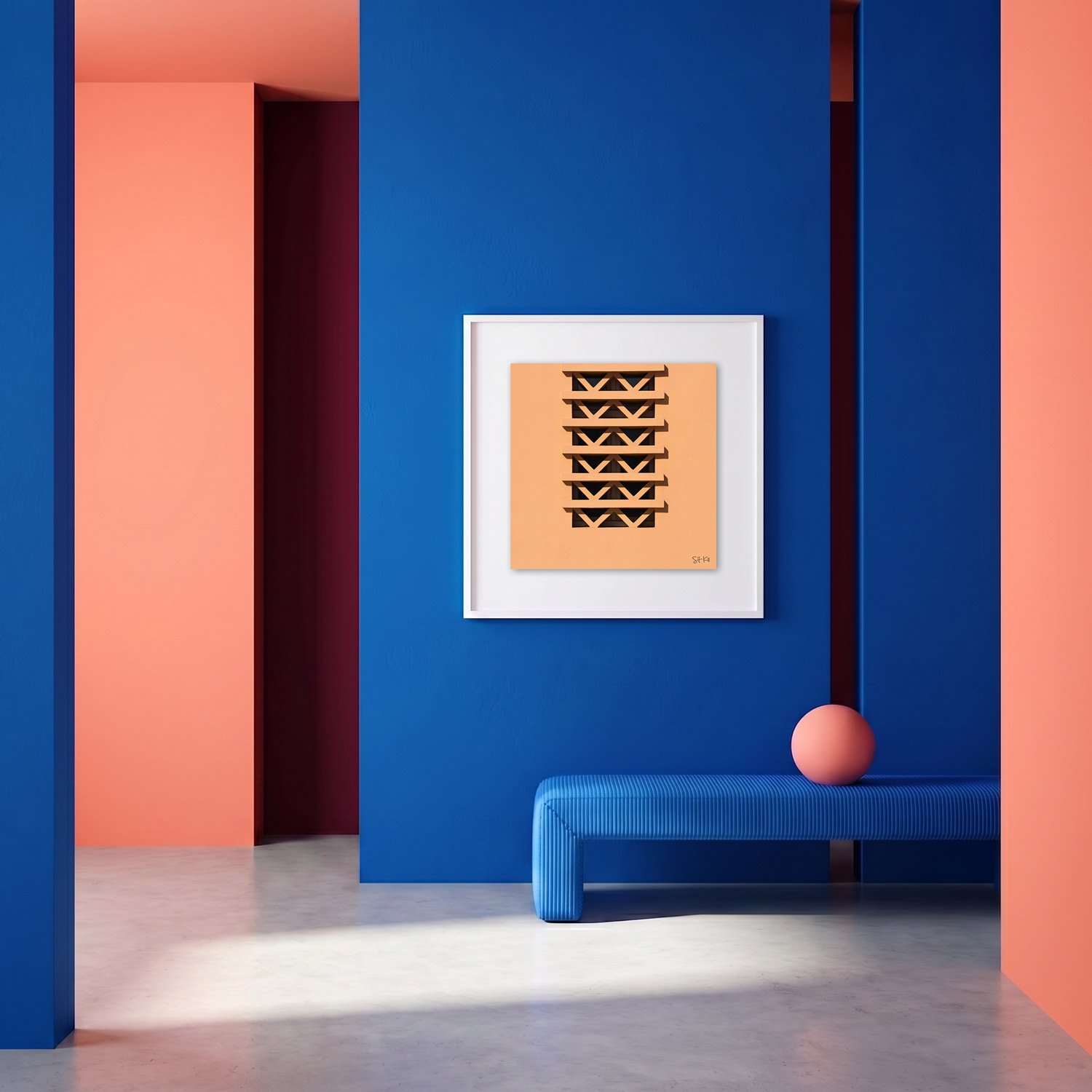 Cascais 04 framed photography print in cobalt blue and coral minimalist interior