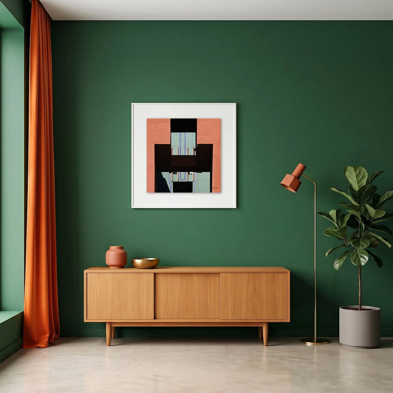 Walden 7 03 framed photography print in deep green and terracotta mid-century interior