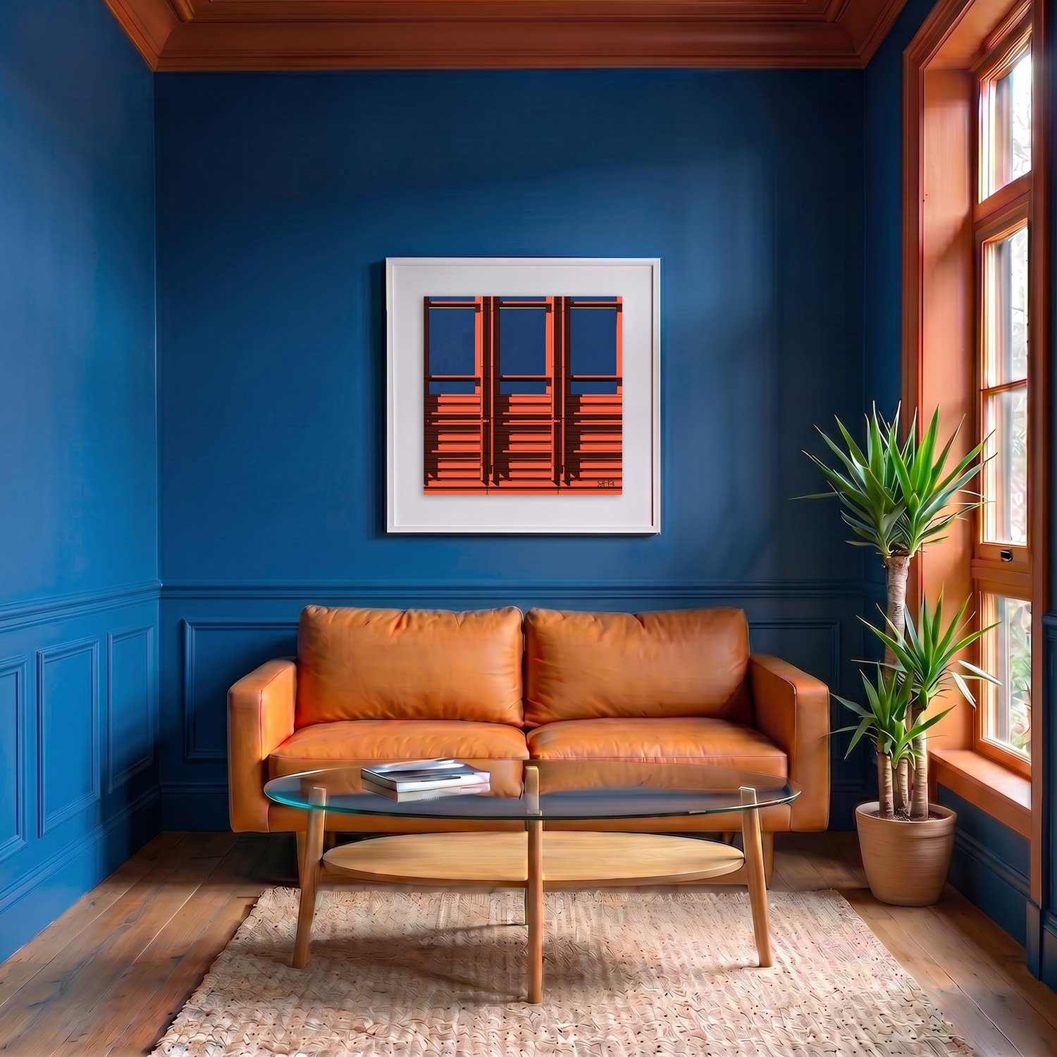 Central Saint Giles 09 framed photography print in deep blue and terracotta classic interior
