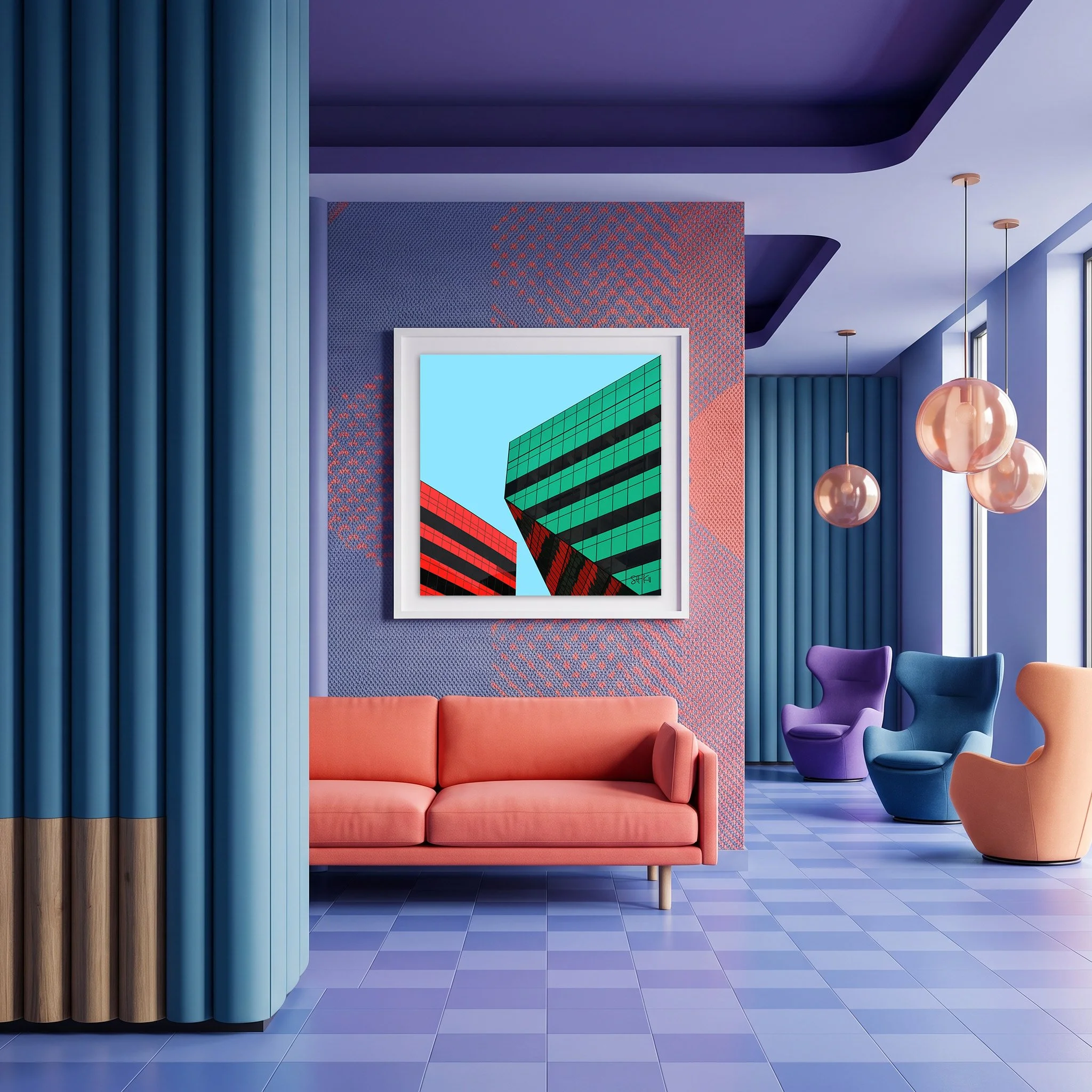 Melrose 01 framed photography print in violet coral and teal bold maximalist lounge