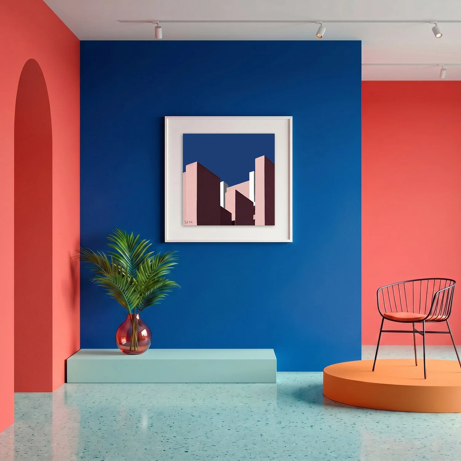 Muralla Roja 06 framed photography print in bold cobalt blue and coral gallery interior