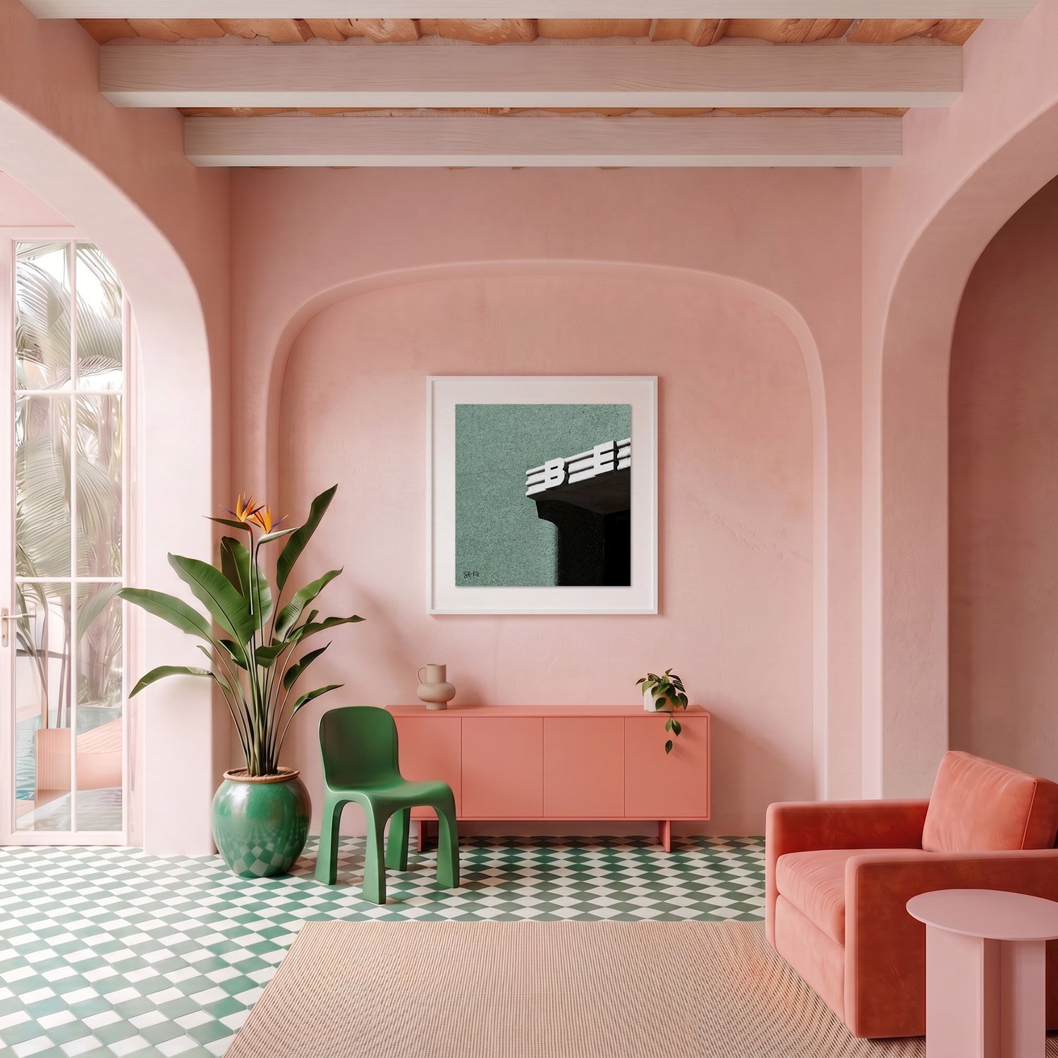 Venice 09 framed photography print in blush pink plaster and coral Mediterranean interior