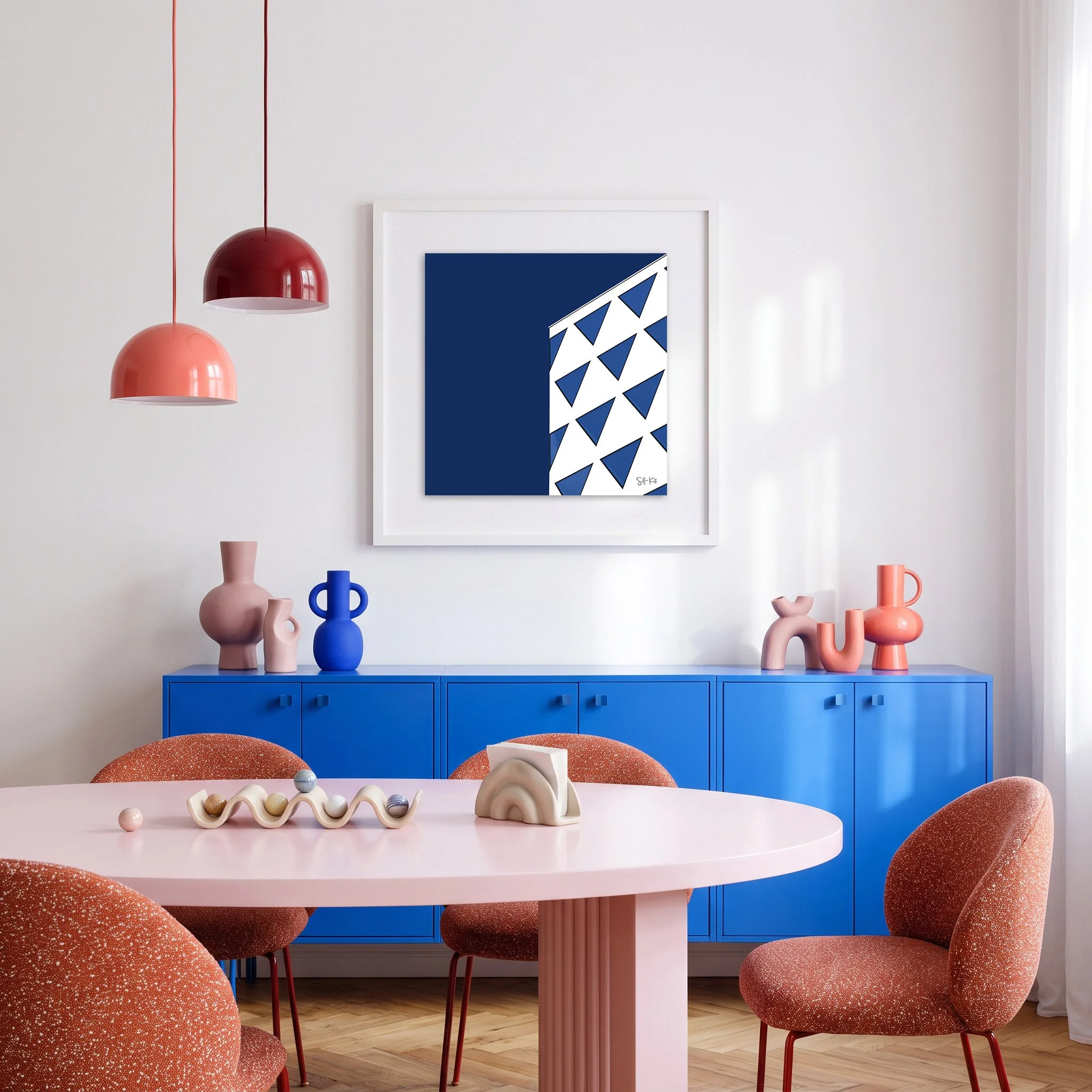 Provinciehuis 05 framed photography print in cobalt blue and coral playful modern dining room
