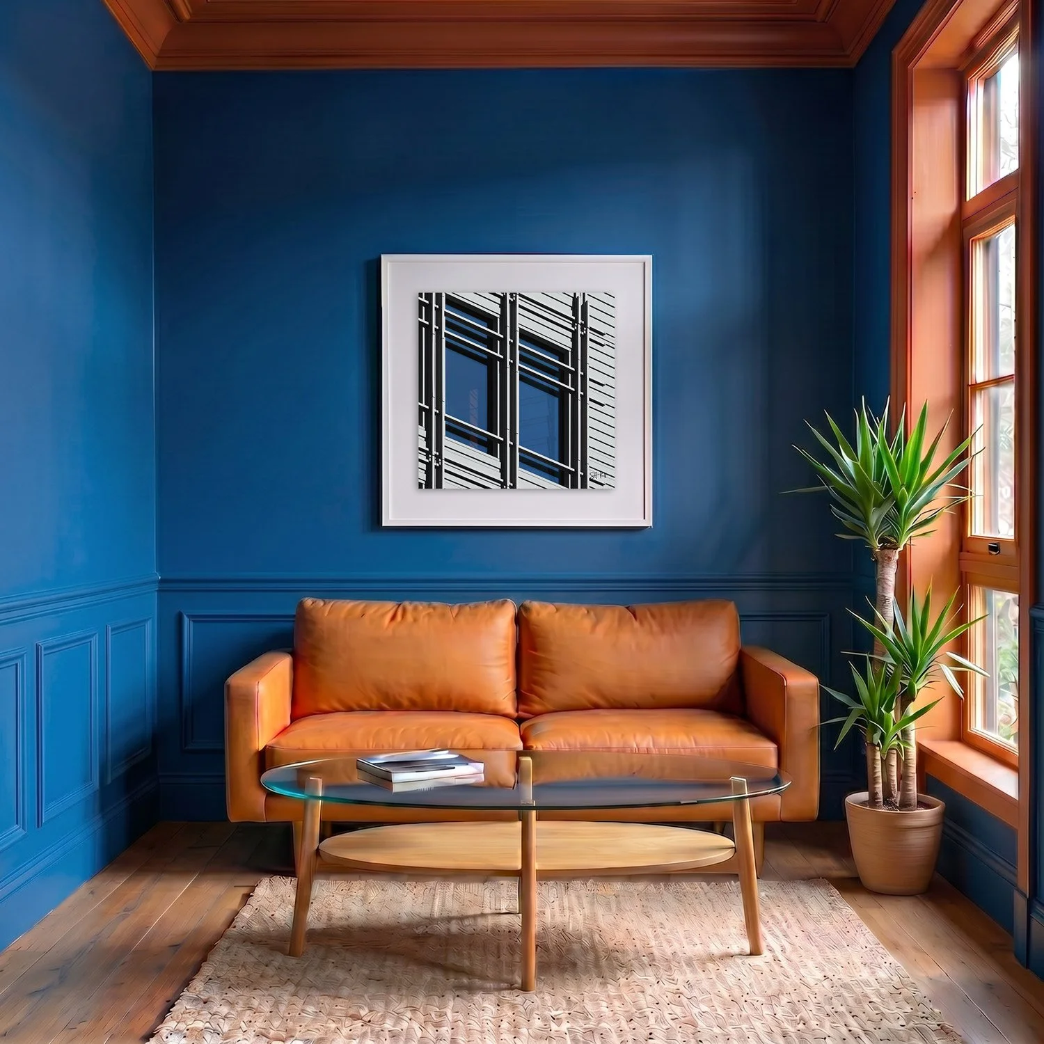 Central Saint Giles 07 framed photography print in deep blue and terracotta classic interior
