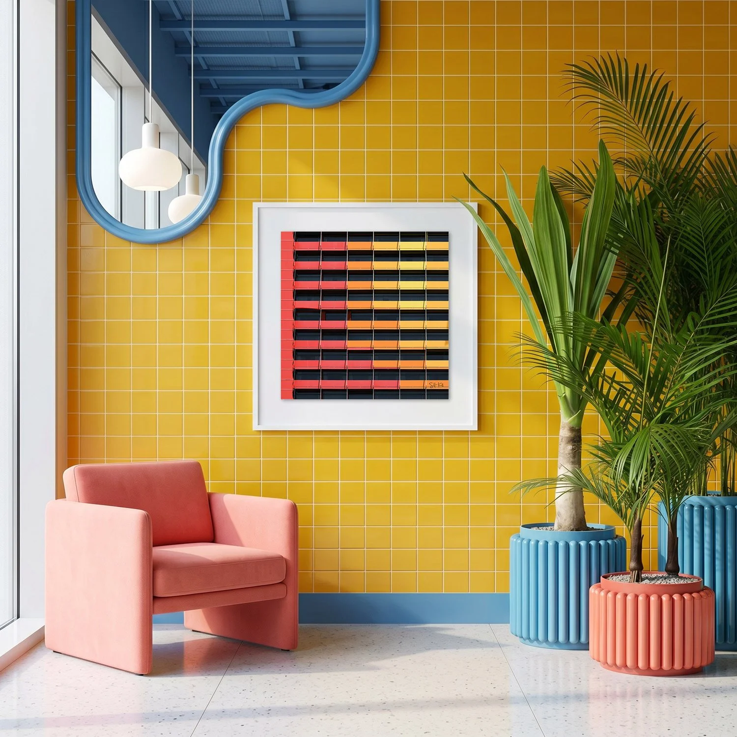 Puerta América 02 framed photography print in vivid yellow, coral, and blue maximalist interior