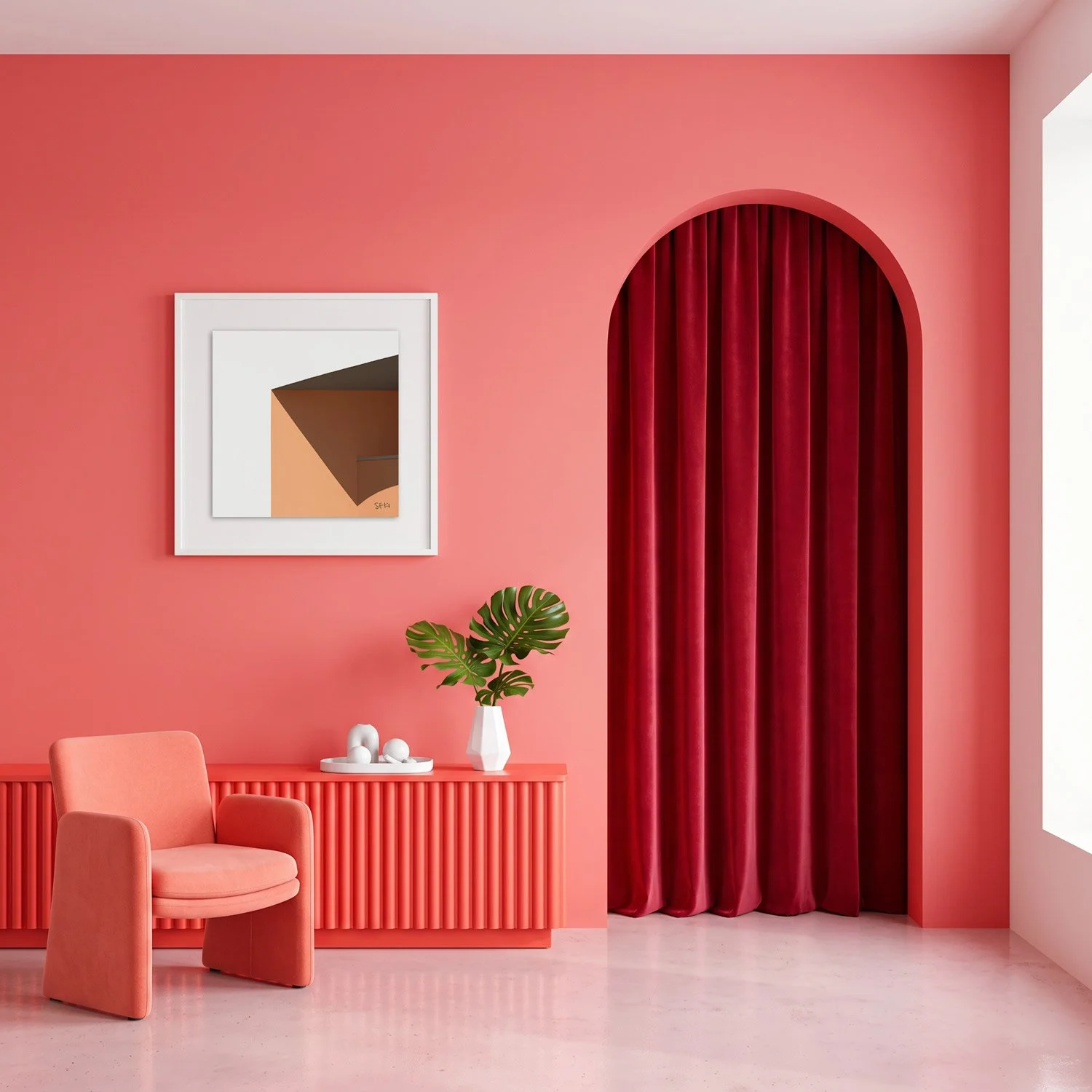 Lisbon 07 framed photography print in warm coral and crimson arched interior